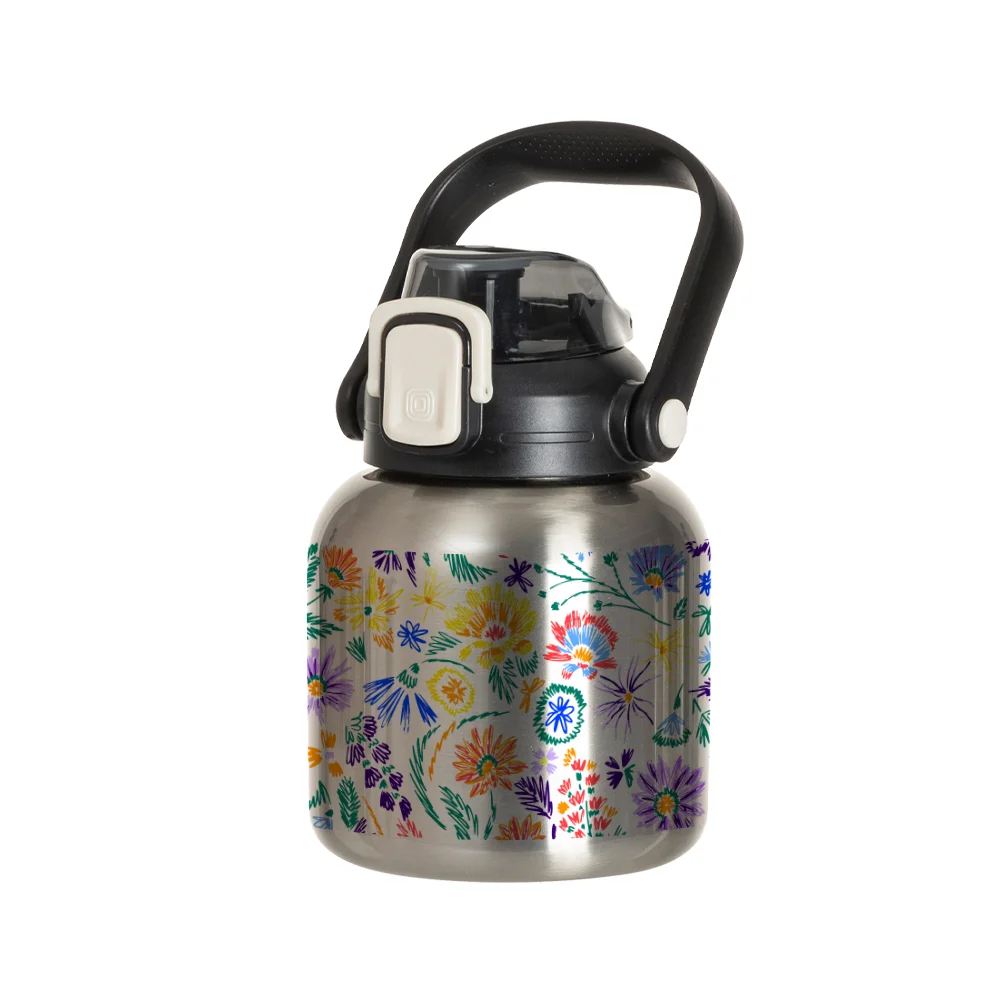 27oz/800ml Stainless Steel Travel Bottle with Flip Lock Handle Cap & Press-In Straw (Silver) thumbnail 2