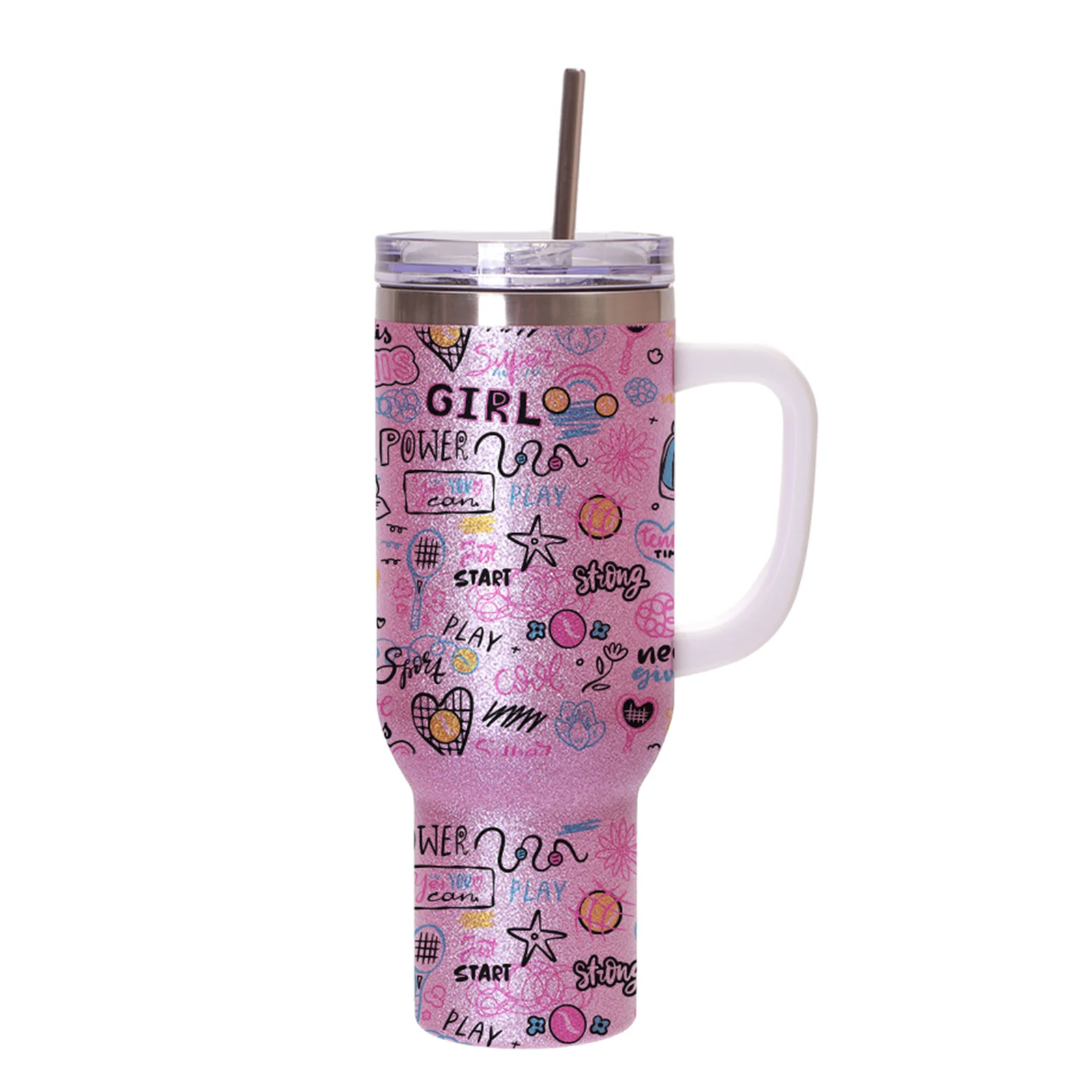 40oz/1200ml Stainless Steel Tumbler with Plastic Handle, Metal Straw & Leak-Proof Slide Lid (Glitter Pink) thumbnail 2