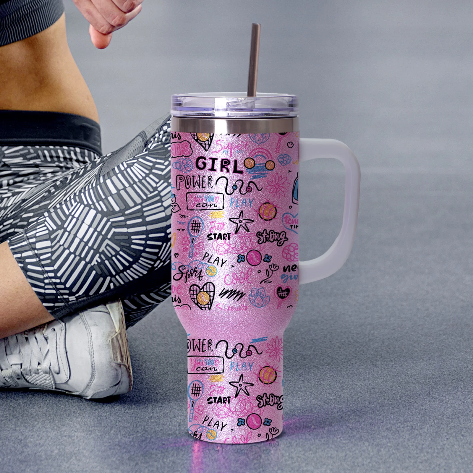 40oz/1200ml Stainless Steel Tumbler with Plastic Handle, Metal Straw & Leak-Proof Slide Lid (Glitter Pink) thumbnail 3