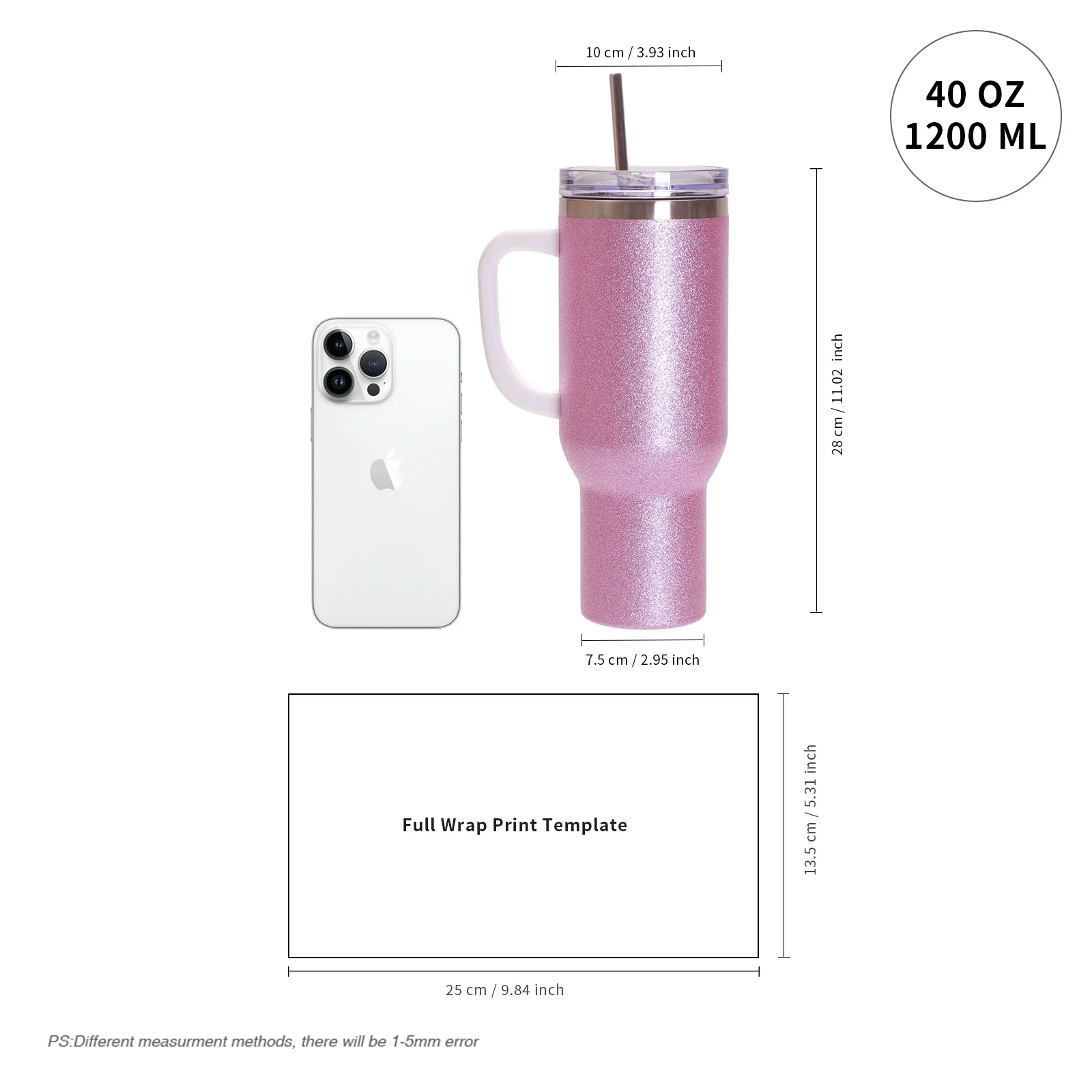 40oz/1200ml Stainless Steel Tumbler with Plastic Handle, Metal Straw & Leak-Proof Slide Lid (Glitter Pink) thumbnail 4