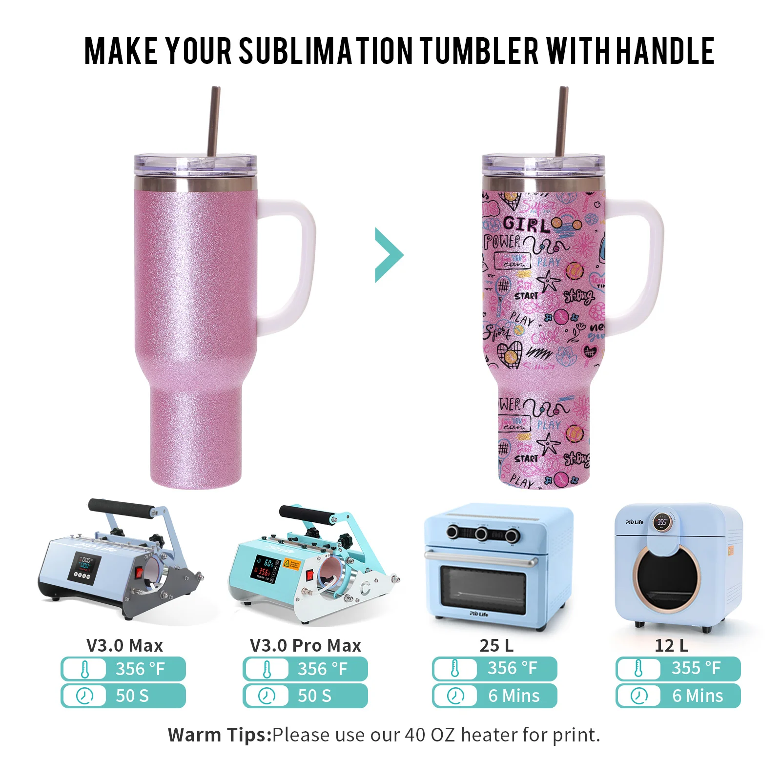 40oz/1200ml Stainless Steel Tumbler with Plastic Handle, Metal Straw & Leak-Proof Slide Lid (Glitter Pink) thumbnail 5