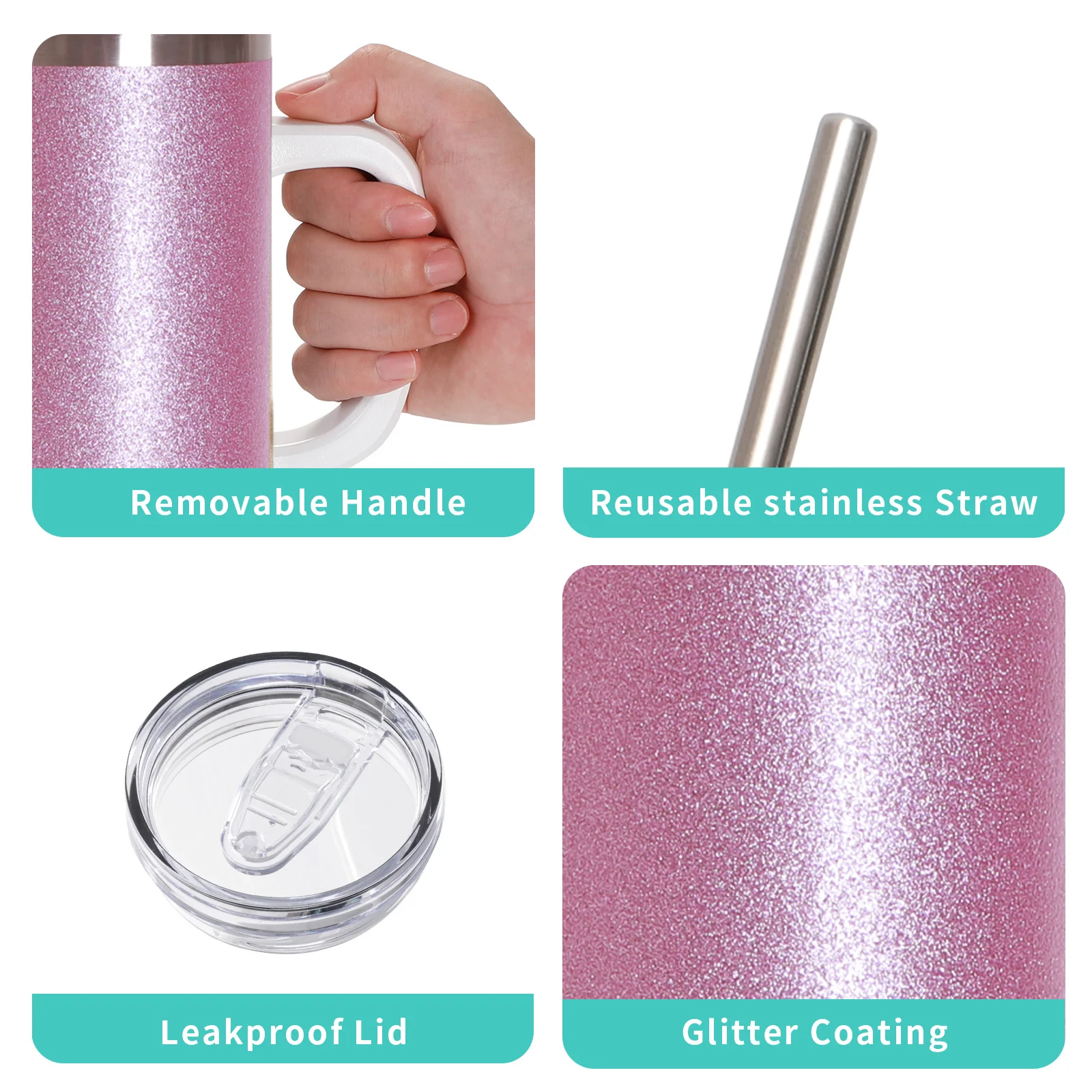 40oz/1200ml Stainless Steel Tumbler with Plastic Handle, Metal Straw & Leak-Proof Slide Lid (Glitter Pink) thumbnail 7