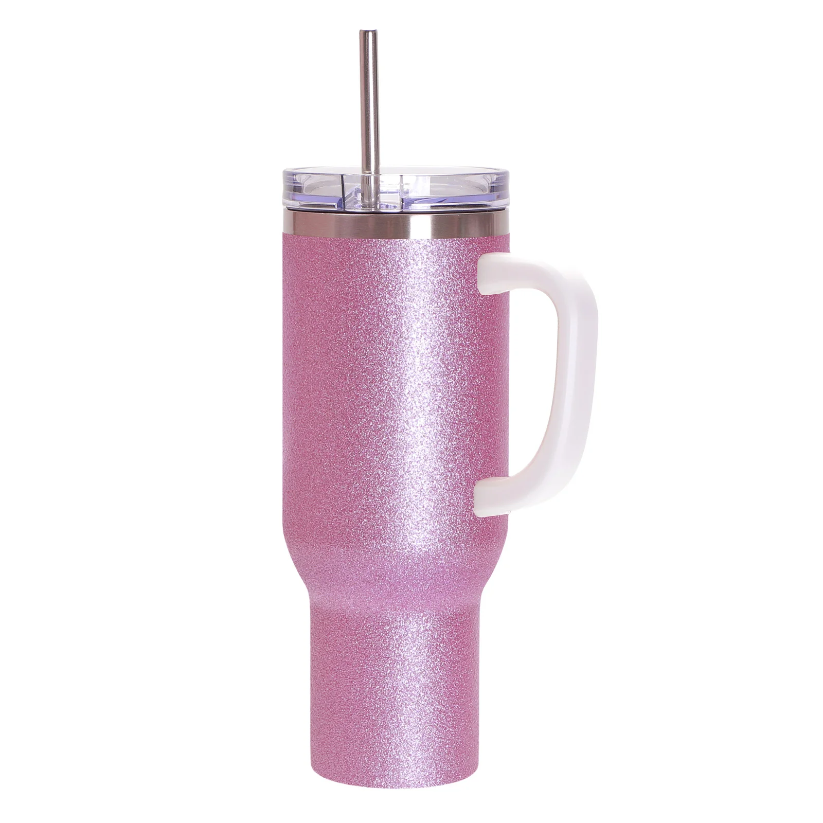 40oz/1200ml Stainless Steel Tumbler with Plastic Handle, Metal Straw & Leak-Proof Slide Lid (Glitter Pink) thumbnail 1