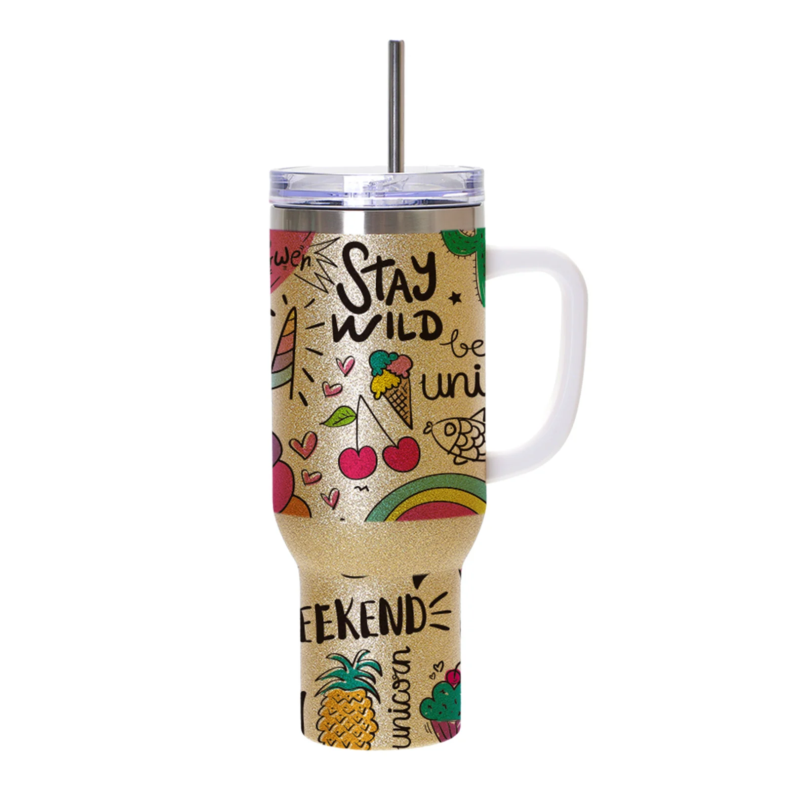 40oz/1200ml Stainless Steel Tumbler with Plastic Handle, Metal Straw & Leak-Proof Slide Lid (Glitter Gold) thumbnail 2