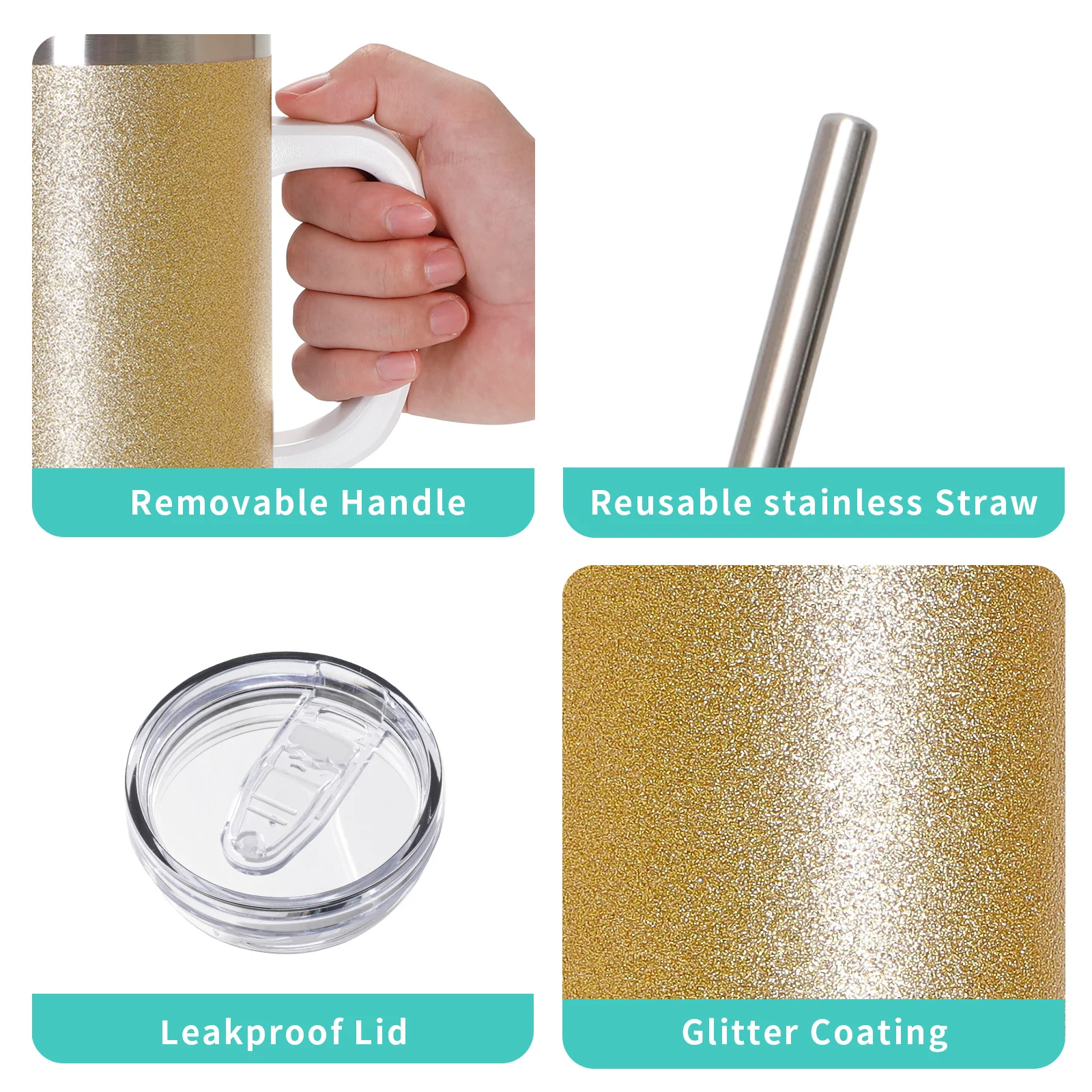40oz/1200ml Stainless Steel Tumbler with Plastic Handle, Metal Straw & Leak-Proof Slide Lid (Glitter Gold) thumbnail 3