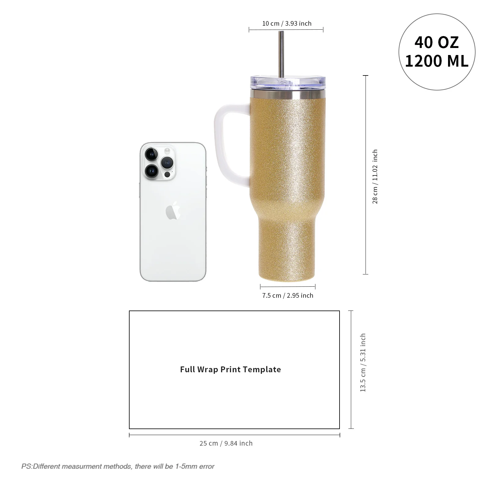 40oz/1200ml Stainless Steel Tumbler with Plastic Handle, Metal Straw & Leak-Proof Slide Lid (Glitter Gold) thumbnail 5