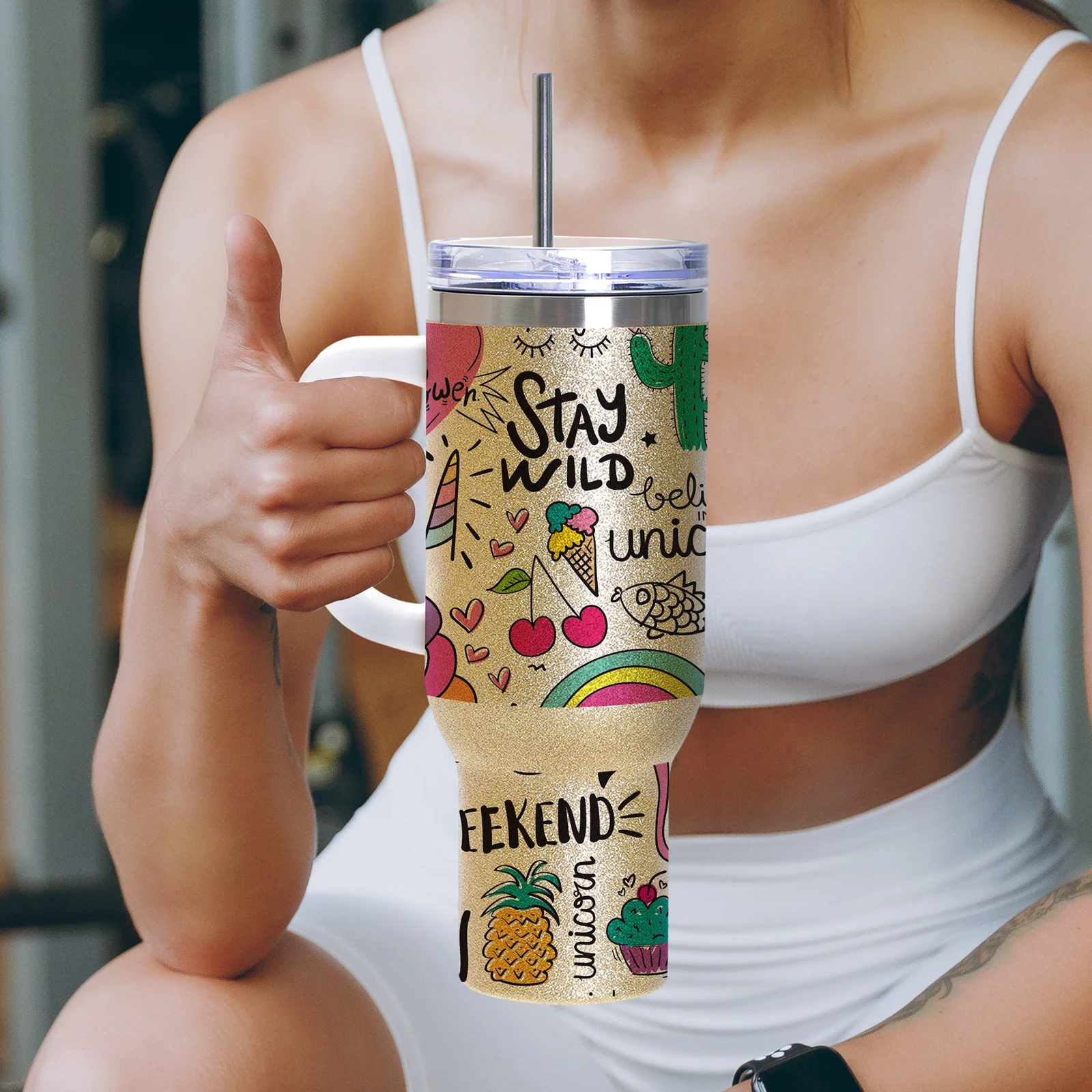 40oz/1200ml Stainless Steel Tumbler with Plastic Handle, Metal Straw & Leak-Proof Slide Lid (Glitter Gold) thumbnail 6