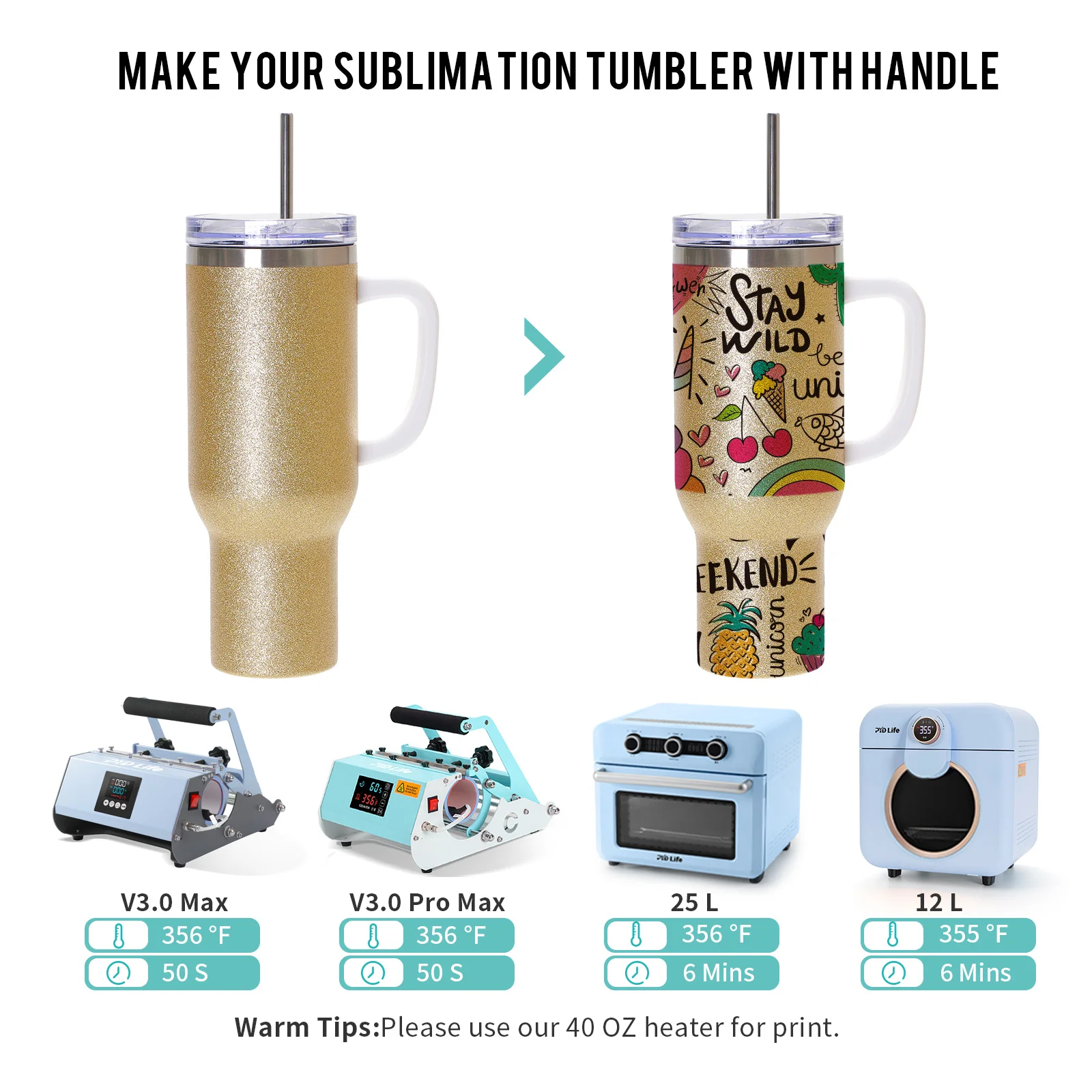 40oz/1200ml Stainless Steel Tumbler with Plastic Handle, Metal Straw & Leak-Proof Slide Lid (Glitter Gold) thumbnail 7