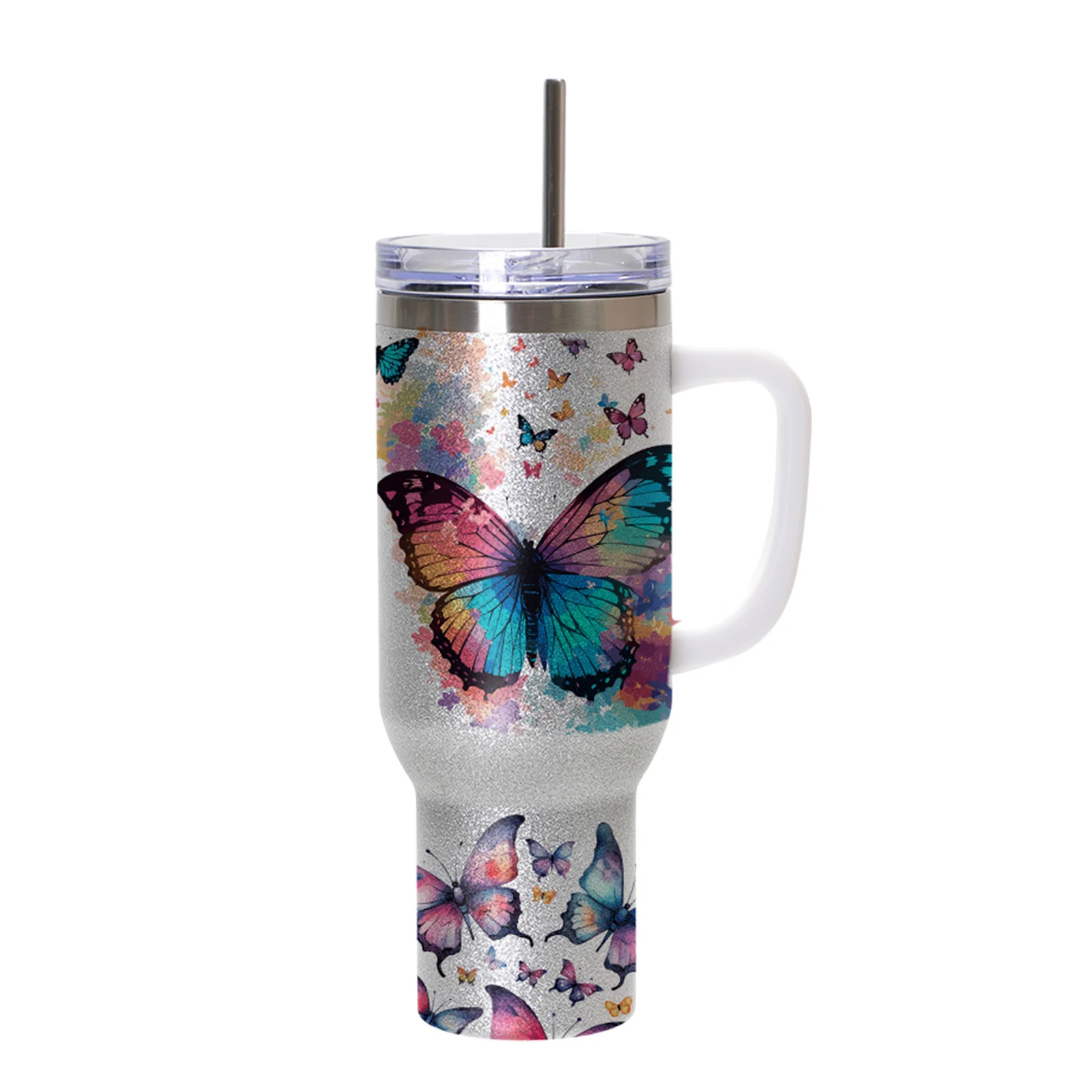 40oz/1200ml Stainless Steel Tumbler with Plastic Handle, Metal Straw & Leak-Proof Slide Lid (Glitter Silver) thumbnail 2