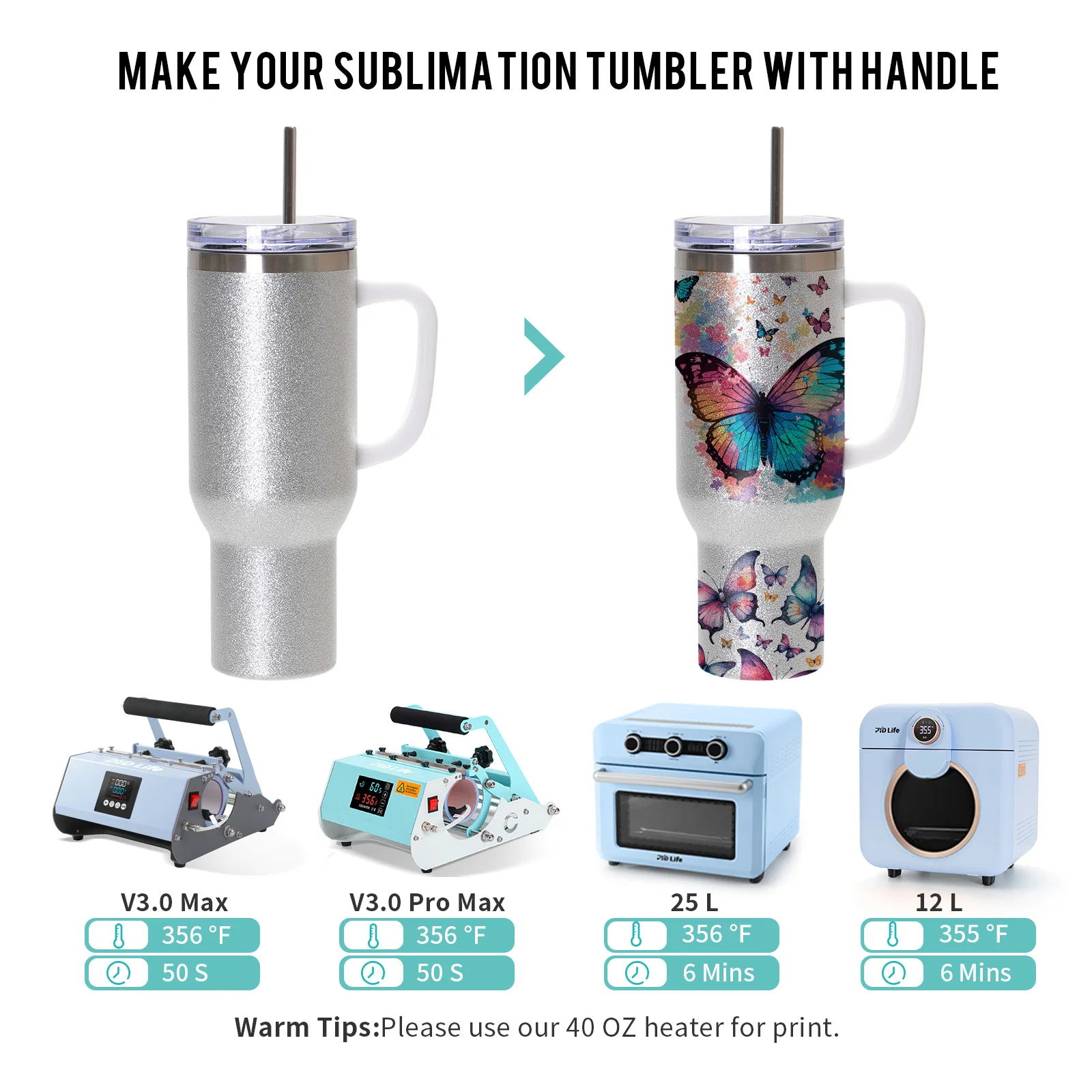 40oz/1200ml Stainless Steel Tumbler with Plastic Handle, Metal Straw & Leak-Proof Slide Lid (Glitter Silver) thumbnail 3