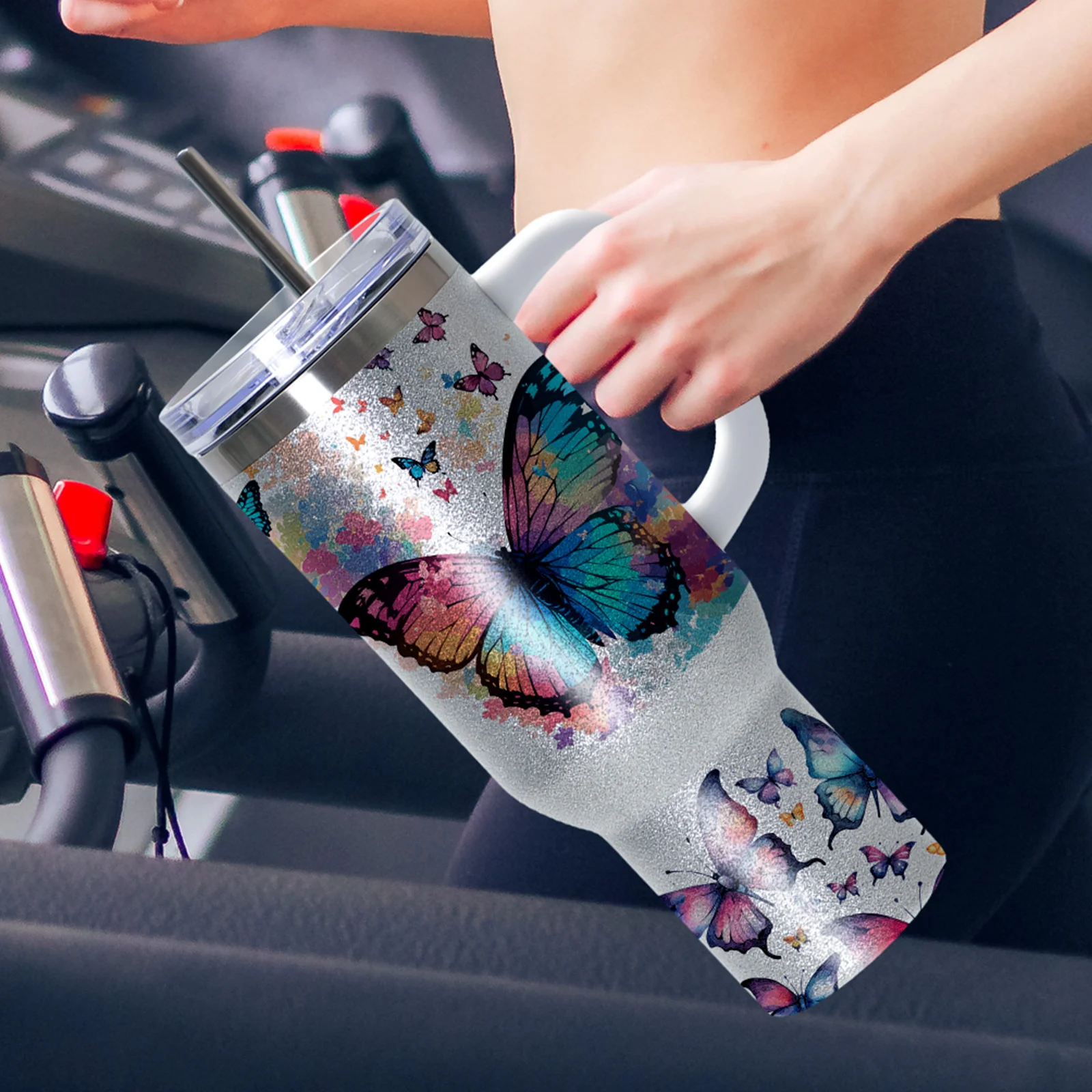 40oz/1200ml Stainless Steel Tumbler with Plastic Handle, Metal Straw & Leak-Proof Slide Lid (Glitter Silver) thumbnail 4