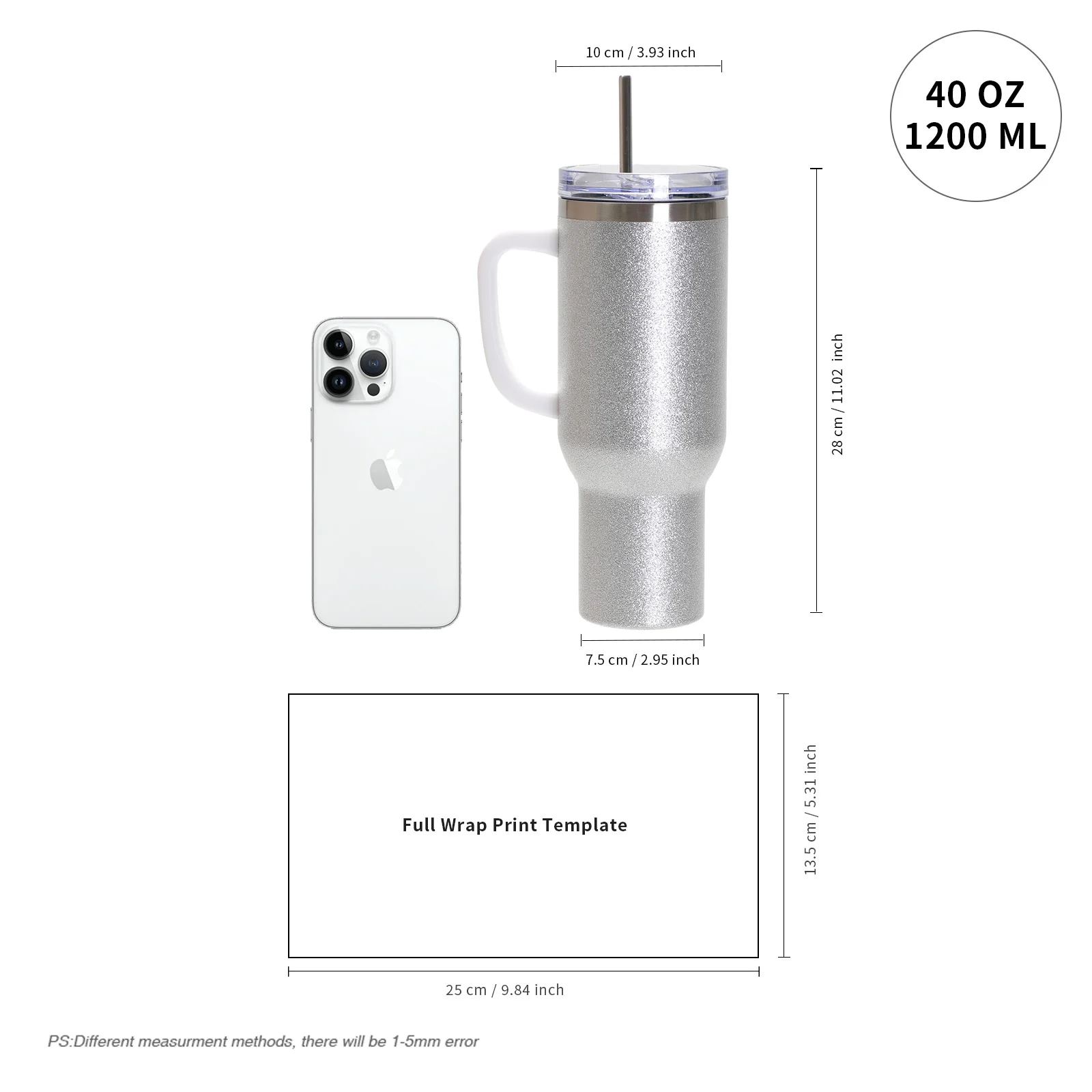 40oz/1200ml Stainless Steel Tumbler with Plastic Handle, Metal Straw & Leak-Proof Slide Lid (Glitter Silver) thumbnail 5