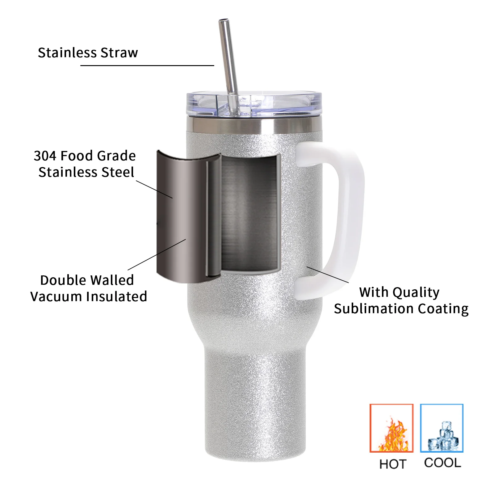 40oz/1200ml Stainless Steel Tumbler with Plastic Handle, Metal Straw & Leak-Proof Slide Lid (Glitter Silver) thumbnail 6
