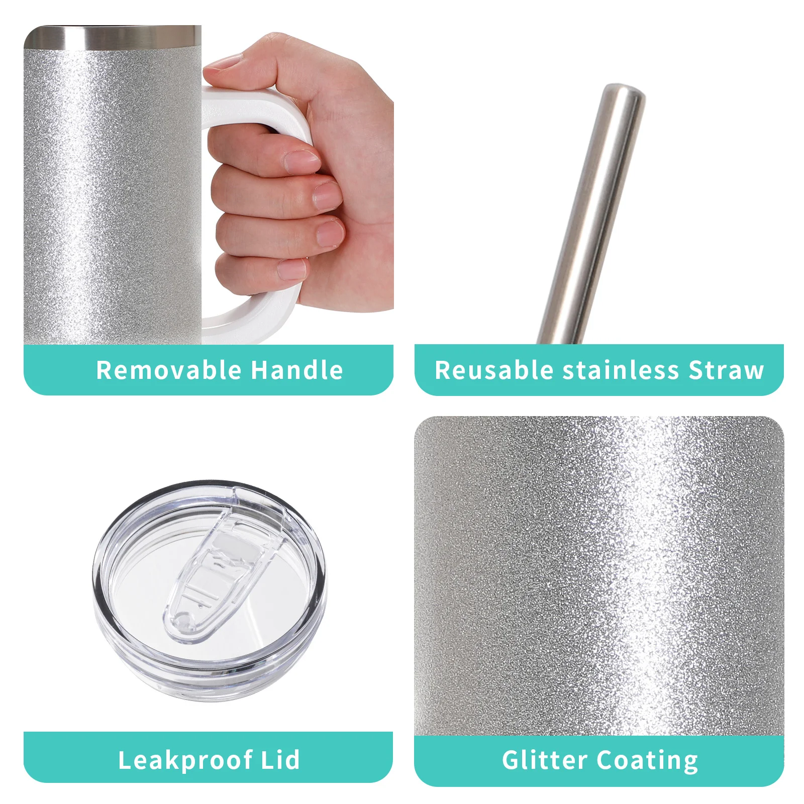 40oz/1200ml Stainless Steel Tumbler with Plastic Handle, Metal Straw & Leak-Proof Slide Lid (Glitter Silver) thumbnail 7