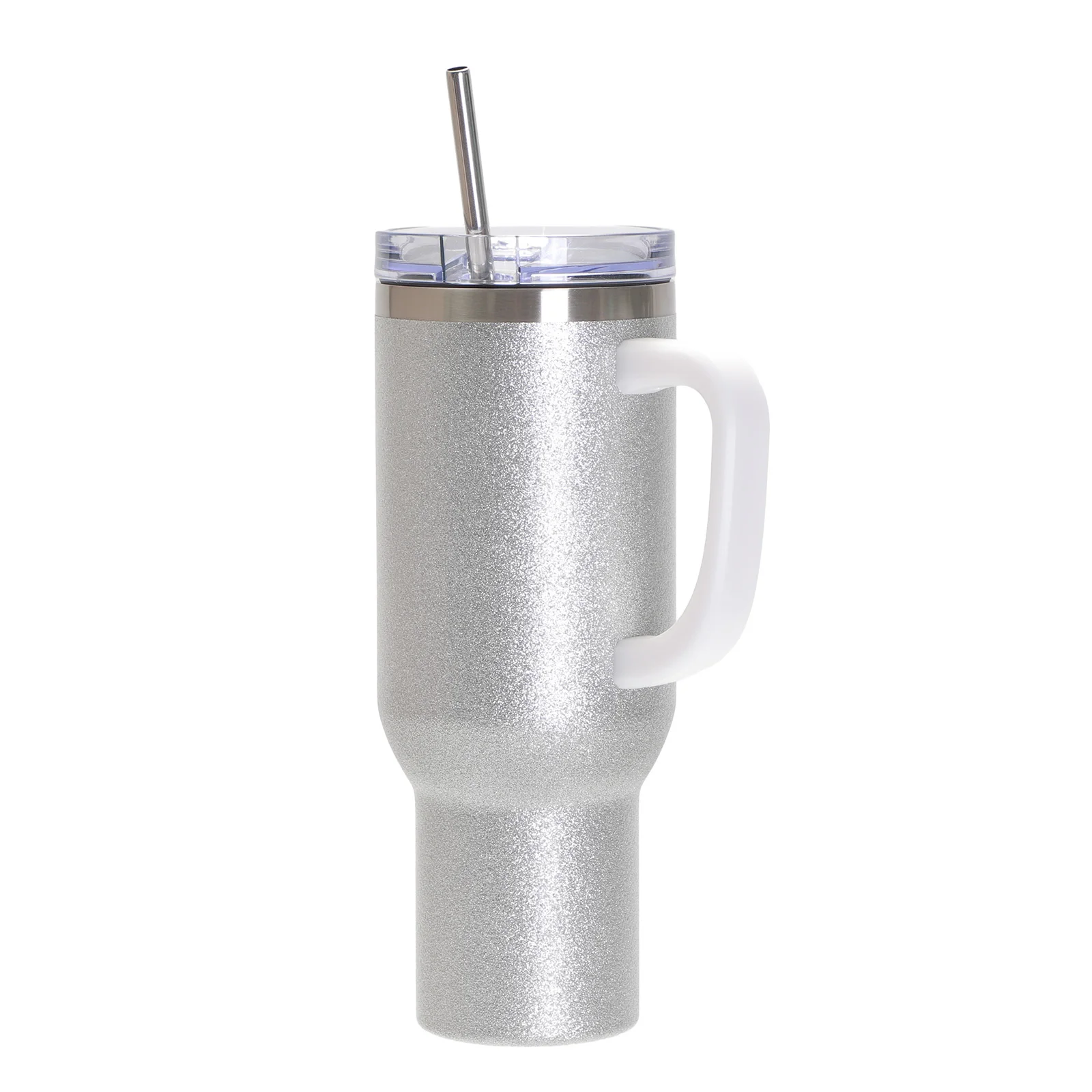 40oz/1200ml Stainless Steel Tumbler with Plastic Handle, Metal Straw & Leak-Proof Slide Lid (Glitter Silver) thumbnail 1