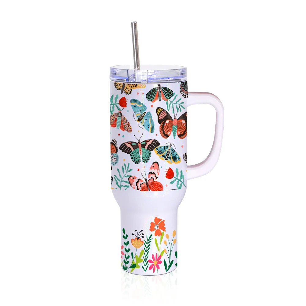 40oz/1200ml Stainless Steel Tumbler with Plastic Handle, Metal Straw & Leak-Proof Slide Lid (Rainbow White) thumbnail 2