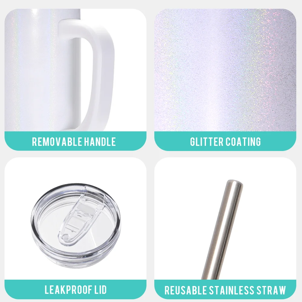 40oz/1200ml Stainless Steel Tumbler with Plastic Handle, Metal Straw & Leak-Proof Slide Lid (Rainbow White) thumbnail 5