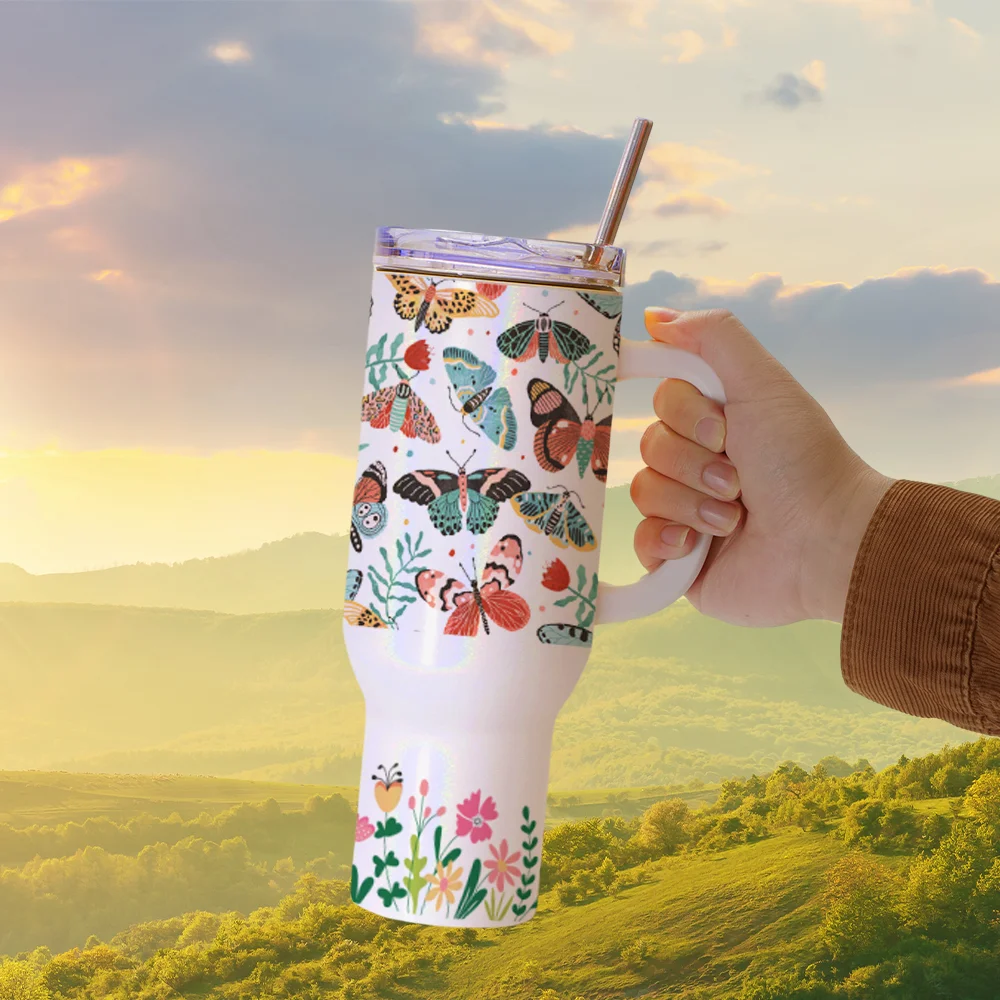40oz/1200ml Stainless Steel Tumbler with Plastic Handle, Metal Straw & Leak-Proof Slide Lid (Rainbow White) thumbnail 6