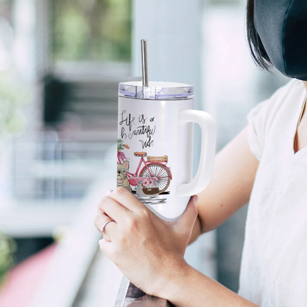 40oz/1200ml Stainless Steel Tumbler with Plastic Handle, Metal Straw & Leak-Proof Slide Lid (Rainbow White) thumbnail 7