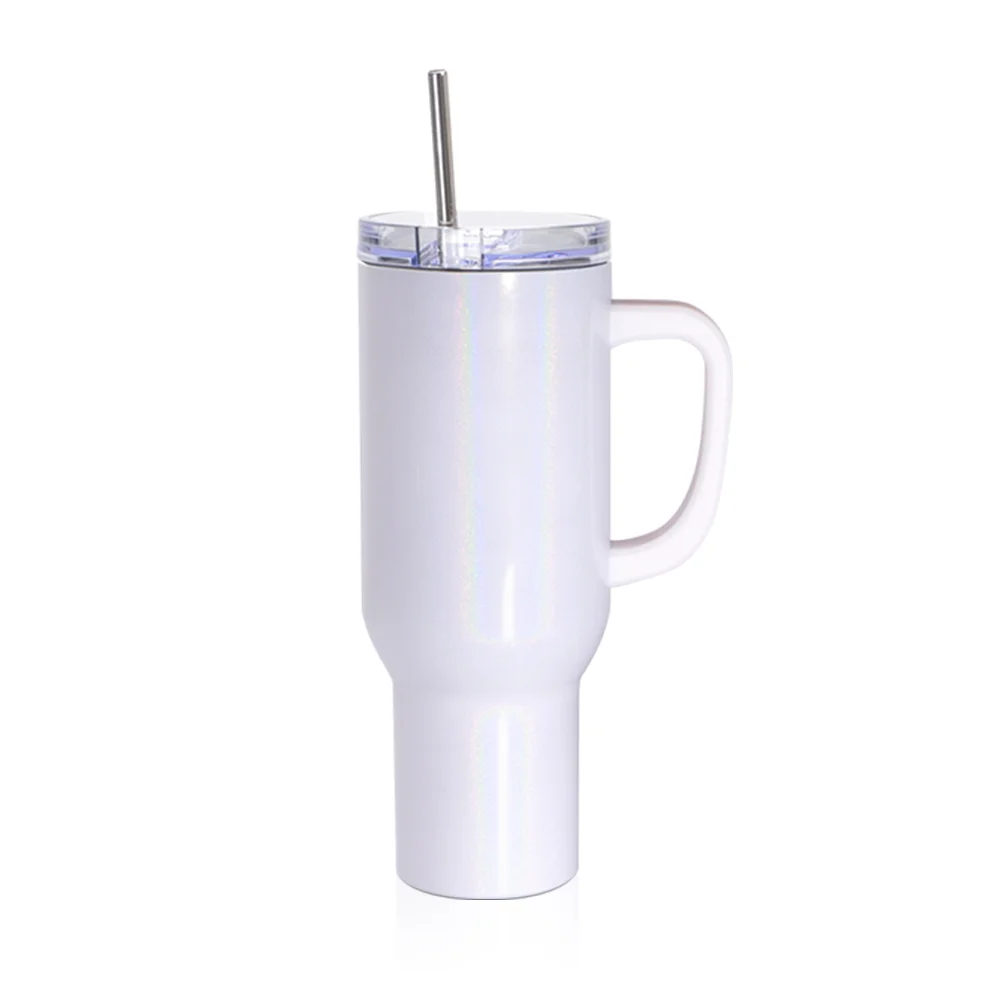 40oz/1200ml Stainless Steel Tumbler with Plastic Handle, Metal Straw & Leak-Proof Slide Lid (Rainbow White) thumbnail 1