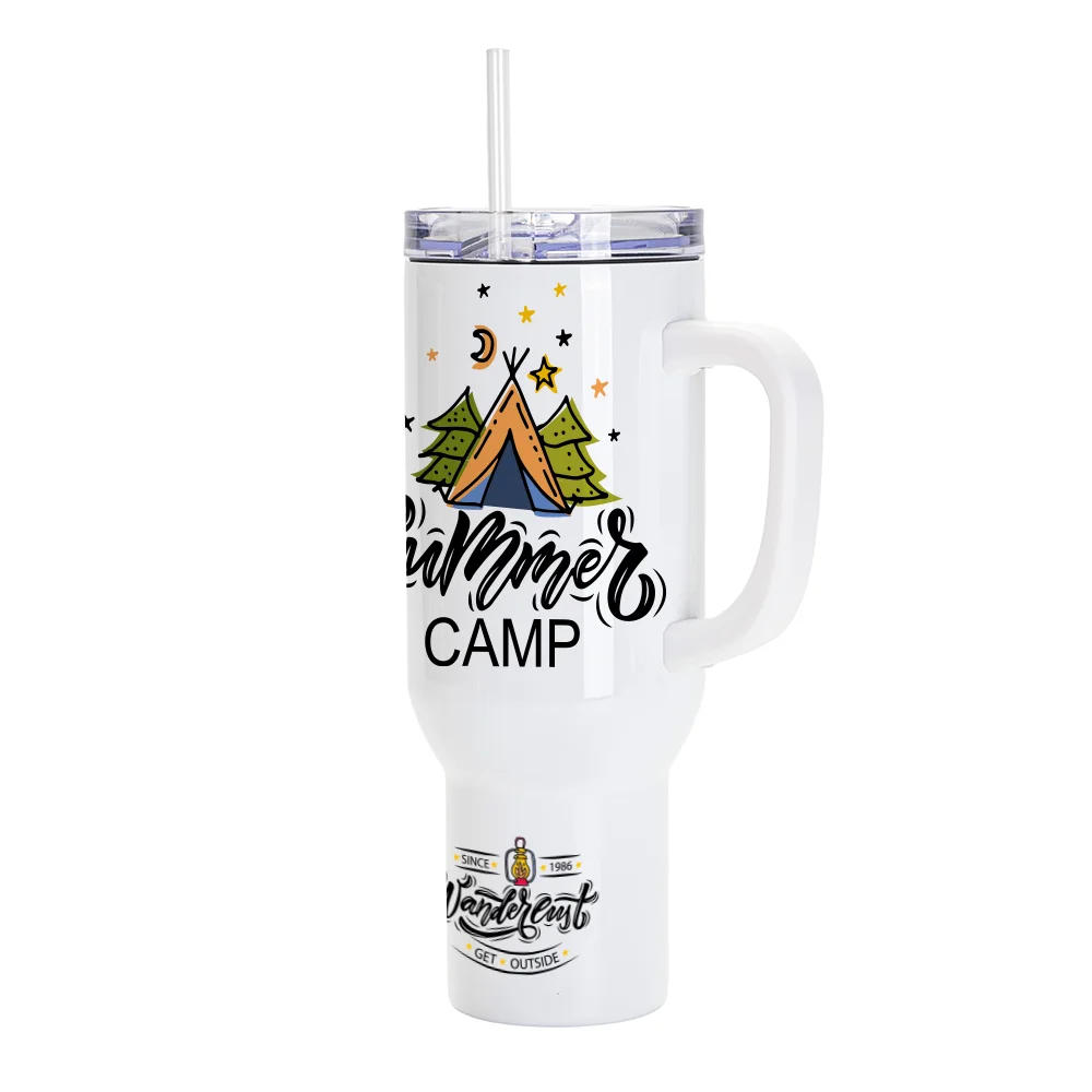 40oz/1200ml White Stainless Steel  Tumbler with White Plastic Handle, Plastic Straw & Leak-Proof Slide Lid