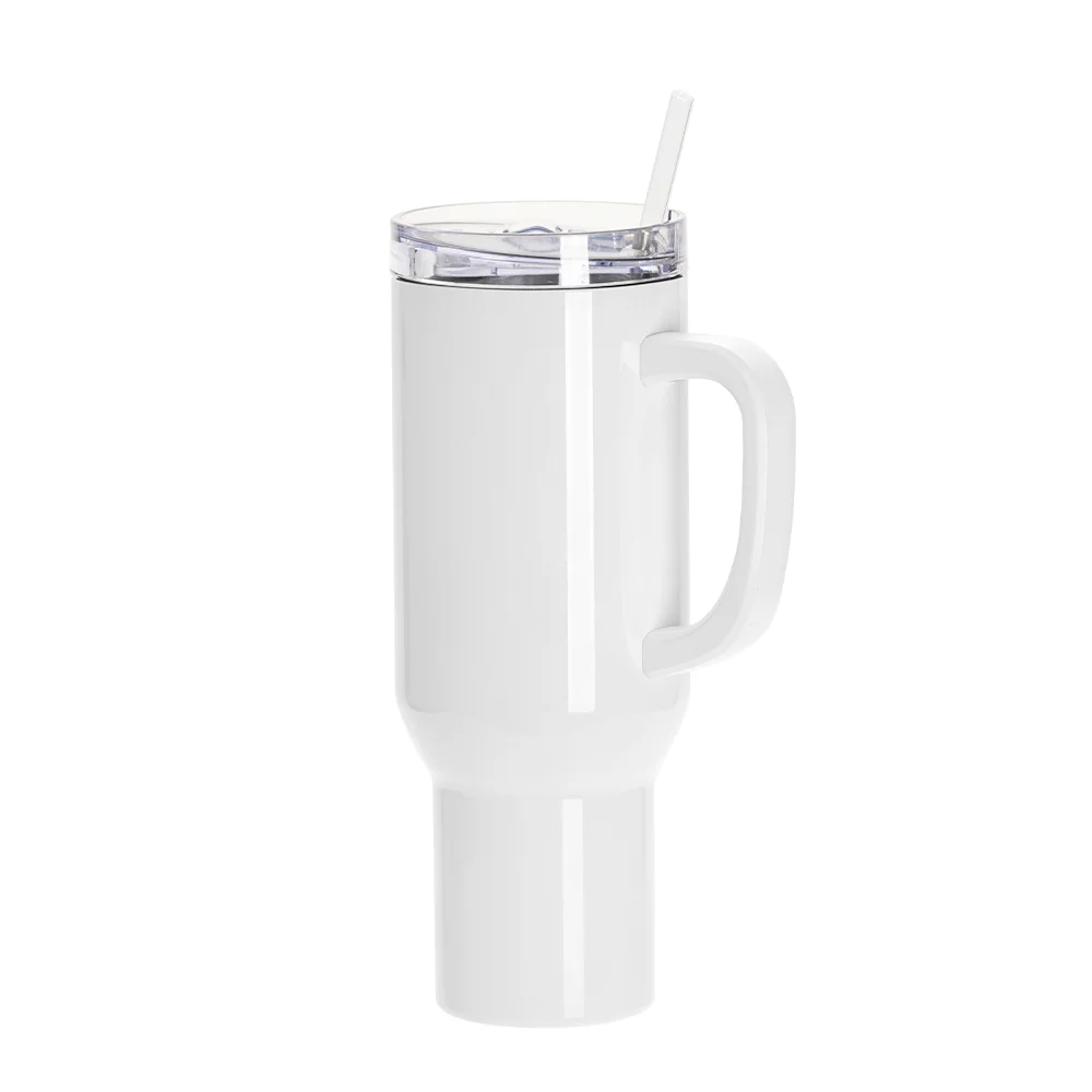 40oz/1200ml White Stainless Steel  Tumbler with White Plastic Handle, Plastic Straw & Leak-Proof Slide Lid thumbnail 3