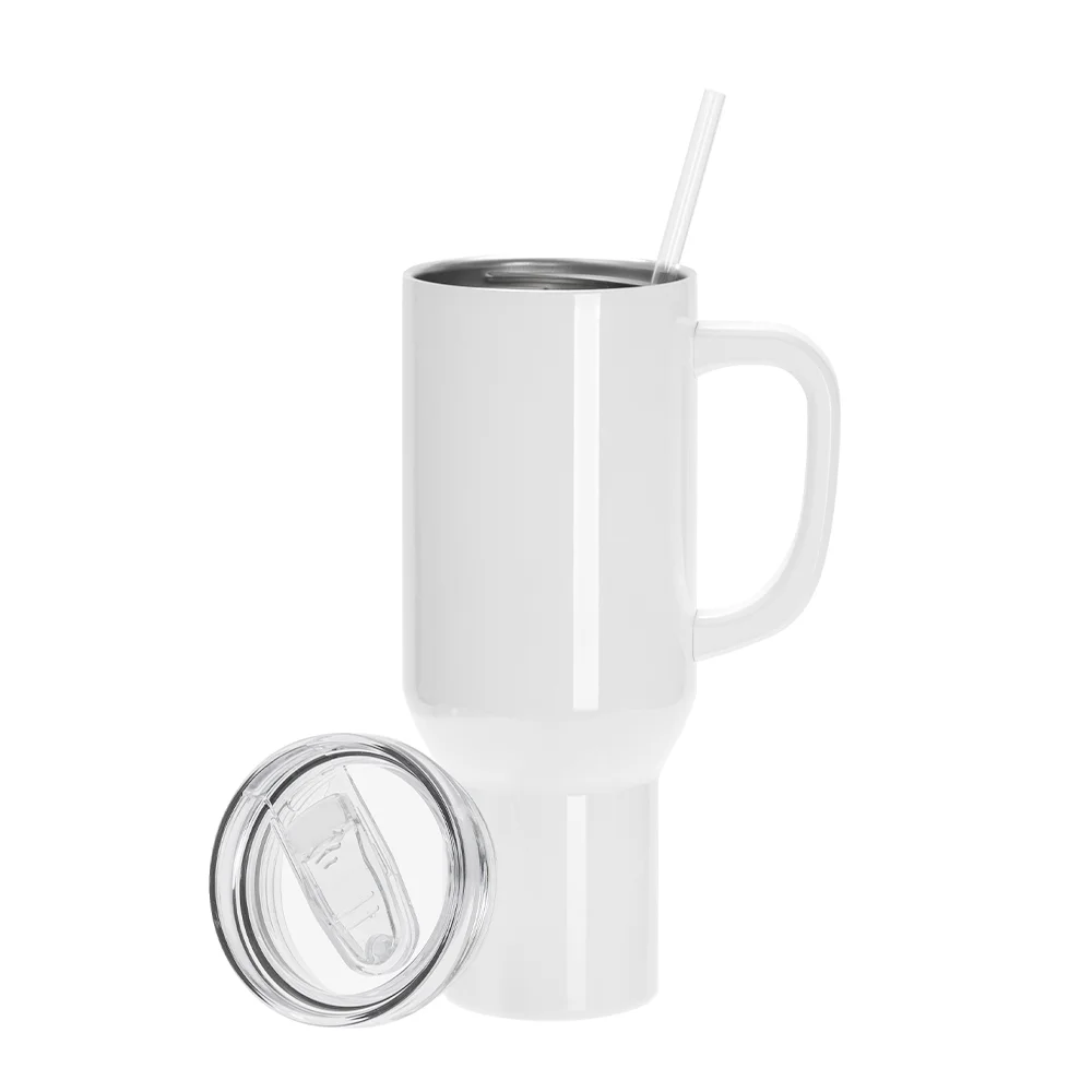 40oz/1200ml White Stainless Steel  Tumbler with White Plastic Handle, Plastic Straw & Leak-Proof Slide Lid thumbnail 4