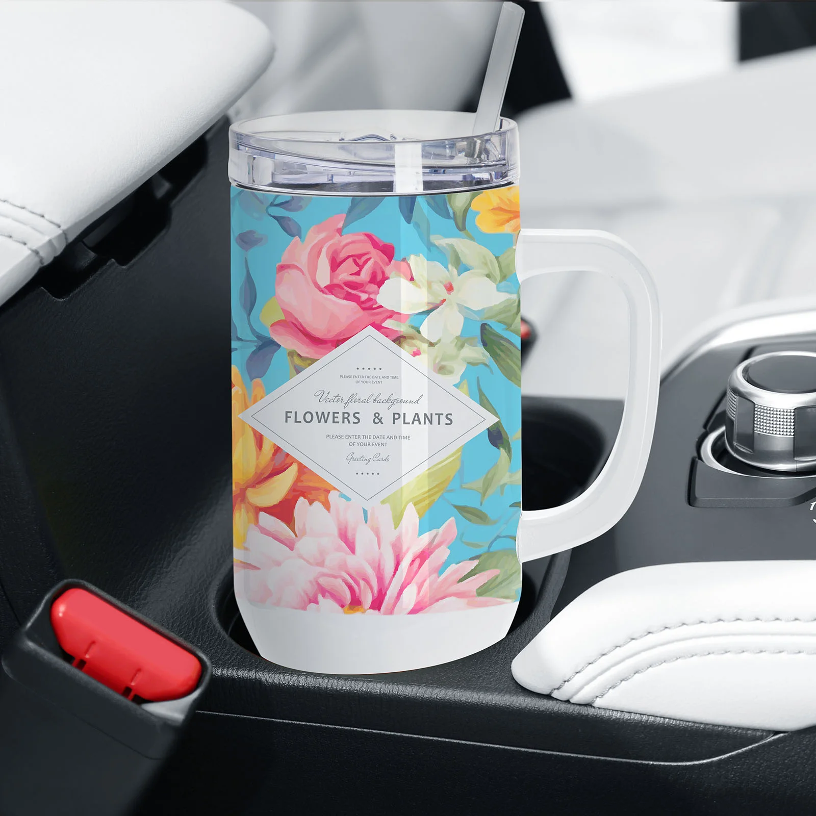 40oz/1200ml White Stainless Steel  Tumbler with White Plastic Handle, Plastic Straw & Leak-Proof Slide Lid thumbnail 5