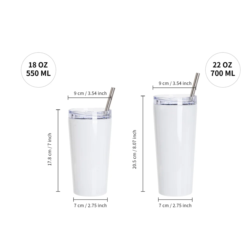 18oz/550ml Stainless Steel Tumbler with Water Proof Lid & Metal Straw (Sublimation Glossy White) thumbnail 5