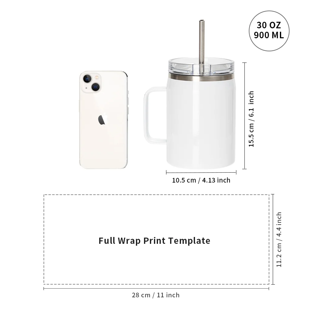 30OZ/900ml Stainless Steel Sublimation Wine Barrel Tumbler with Slide Lid & Straw(White) thumbnail 7