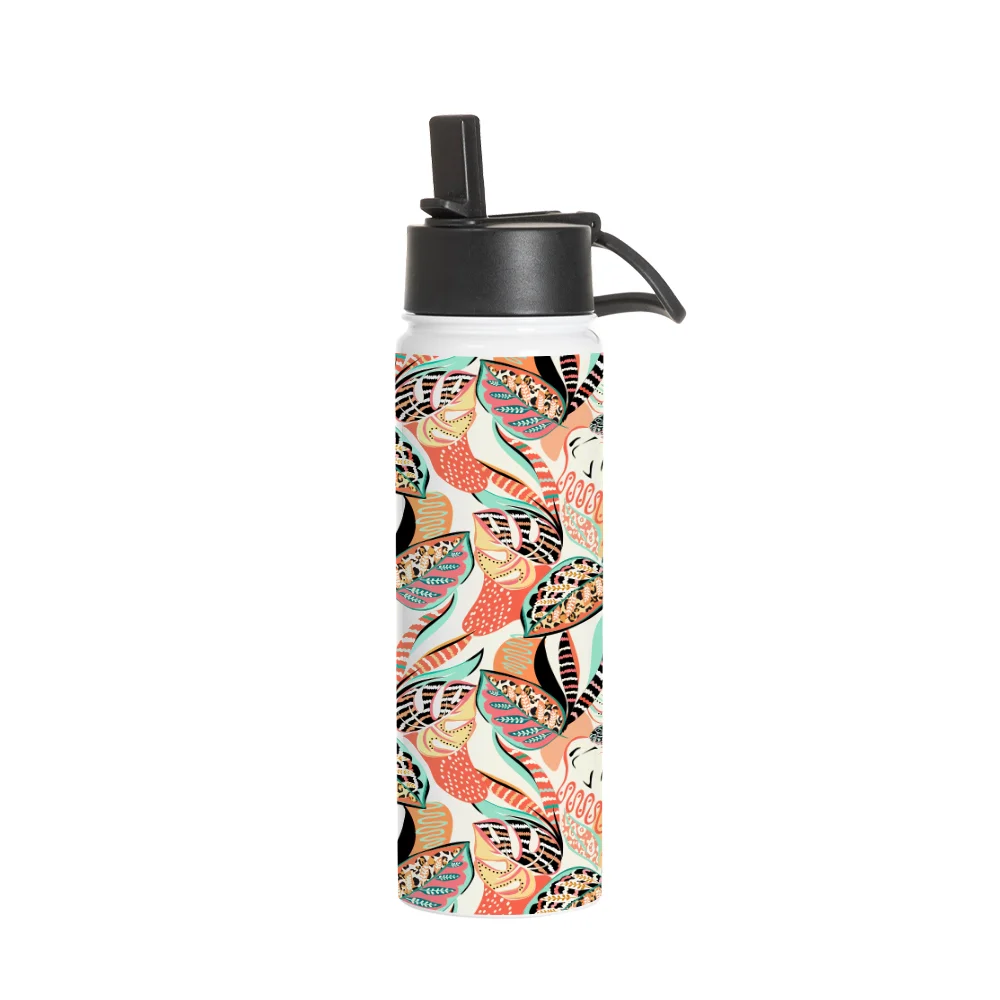 30OZ 900ml Stainless Steel Water Bottle withBlack Straw Lid (White, Single Wall)