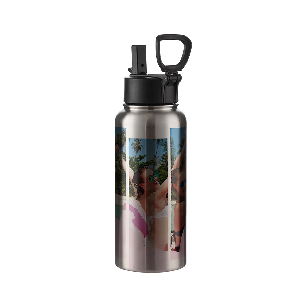 32OZ 950ml Stainless Steel Flask with Wide Mouth, Straw & Portable Handle (Silver)