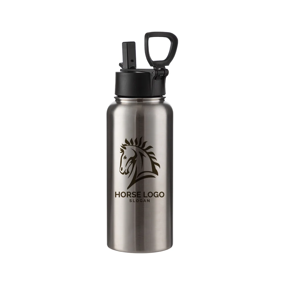 32OZ 950ml Stainless Steel Flask with Wide Mouth, Straw & Portable Handle (Silver) thumbnail 3
