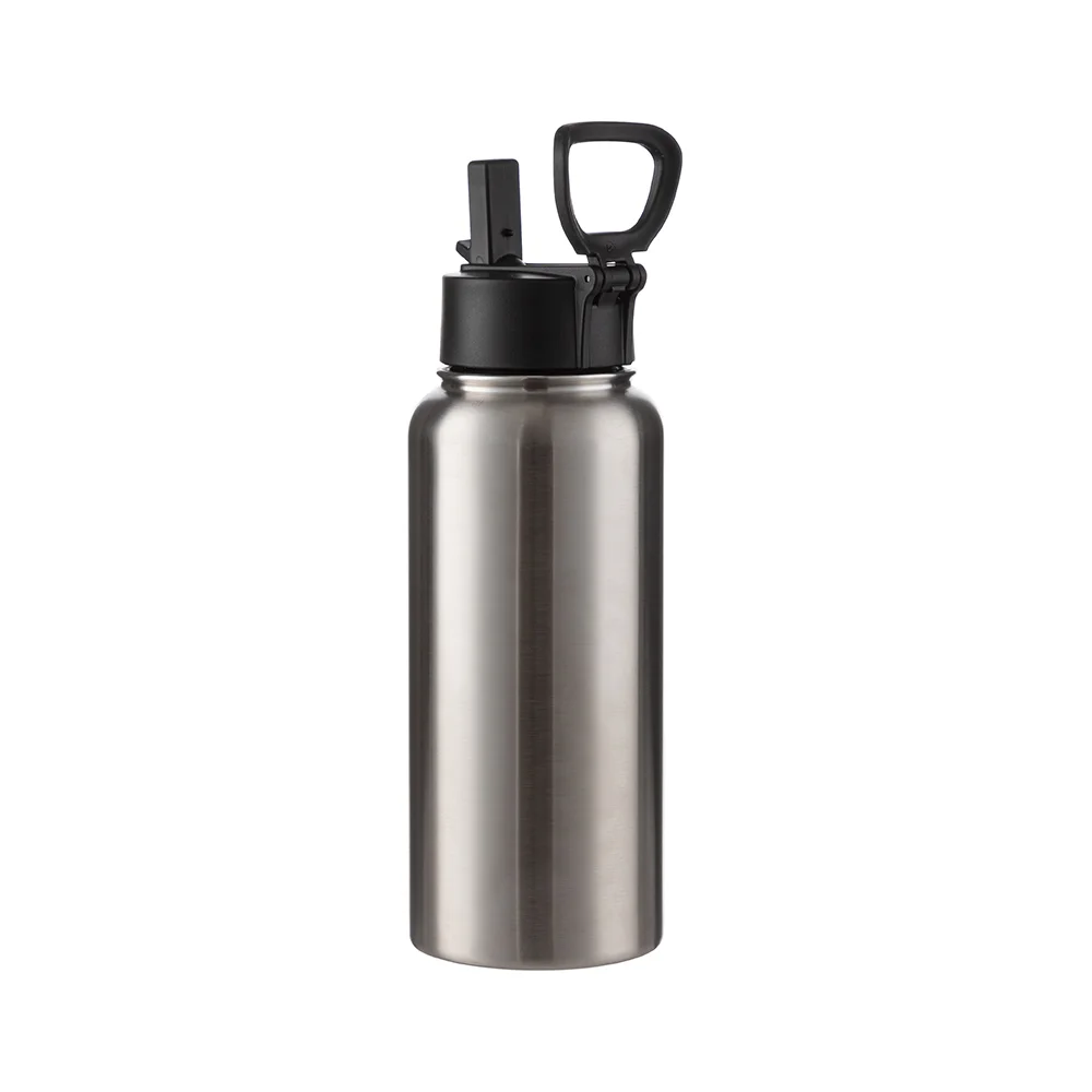 32OZ 950ml Stainless Steel Flask with Wide Mouth, Straw & Portable Handle (Silver)
