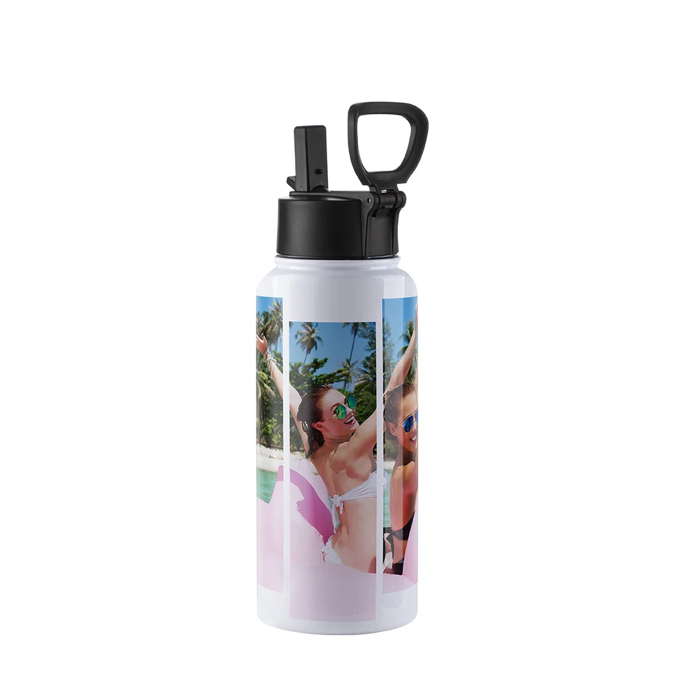 32OZ 950ml Stainless Steel Flask with Wide Mouth, Straw & Portable Handle (White)