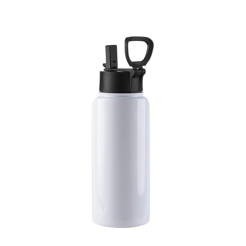 32OZ 950ml Stainless Steel Flask with Wide Mouth, Straw & Portable Handle (White)