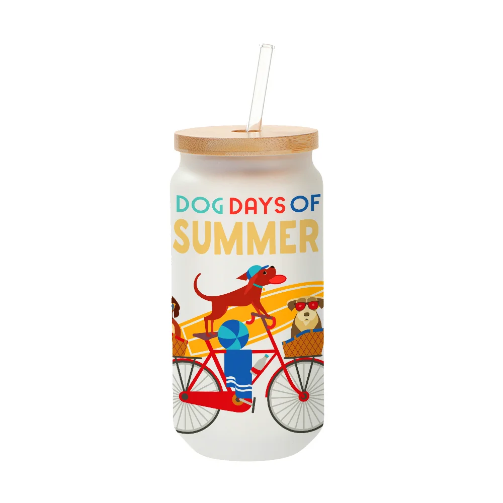 18oz/550ml Frosted White Glass with Bamboo lid & Glass Straw