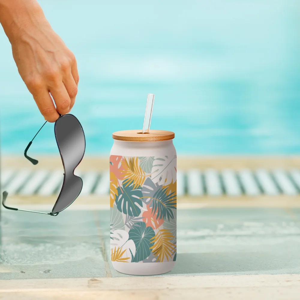 18oz/550ml Frosted White Glass with Bamboo lid & Glass Straw thumbnail 4