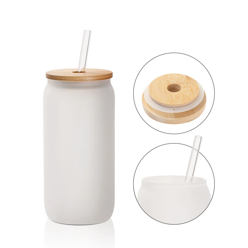 18oz/550ml Frosted White Glass with Bamboo lid & Glass Straw thumbnail 5