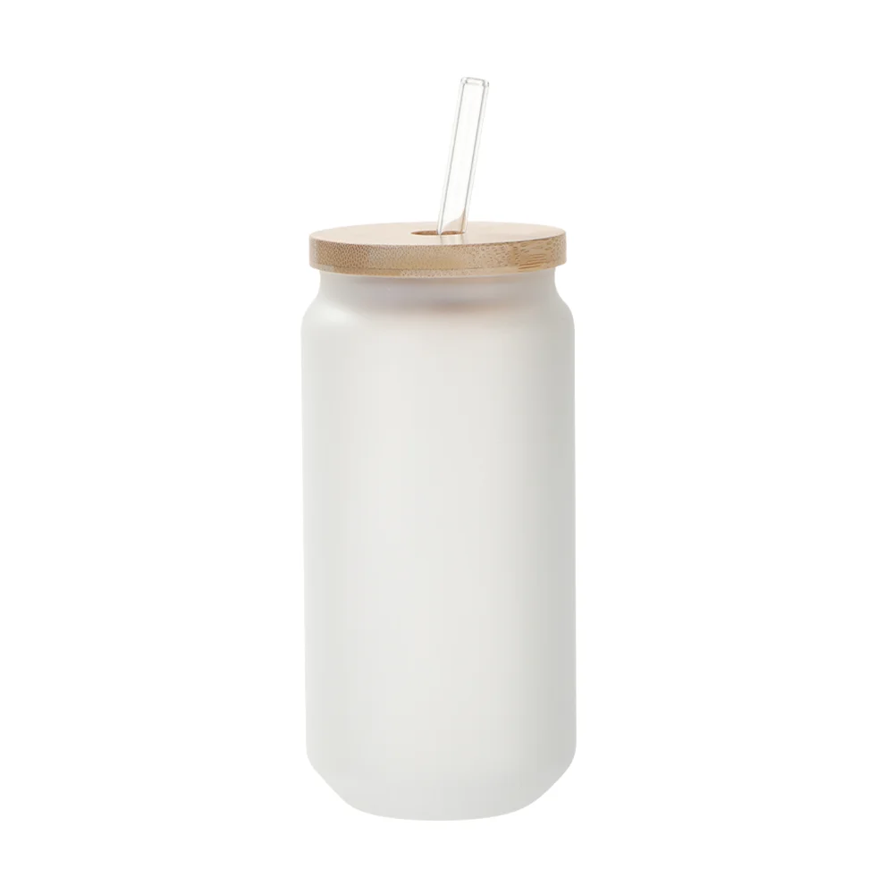 18oz/550ml Frosted White Glass with Bamboo lid & Glass Straw