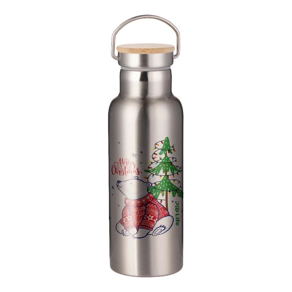 17oz 500ml Insulated Stainless Steel Water Bottle with Bamboo Lid (Silver) thumbnail 2