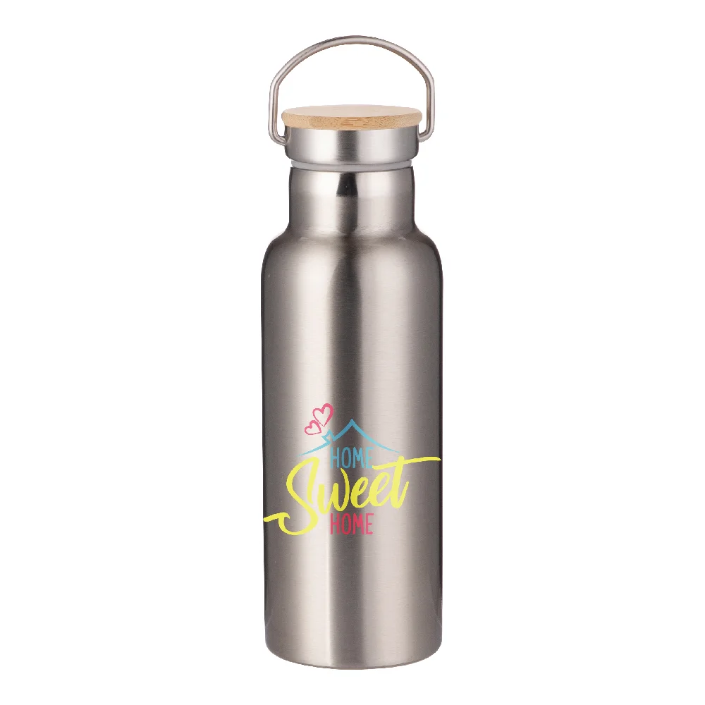 17oz 500ml Insulated Stainless Steel Water Bottle with Bamboo Lid (Silver) thumbnail 3