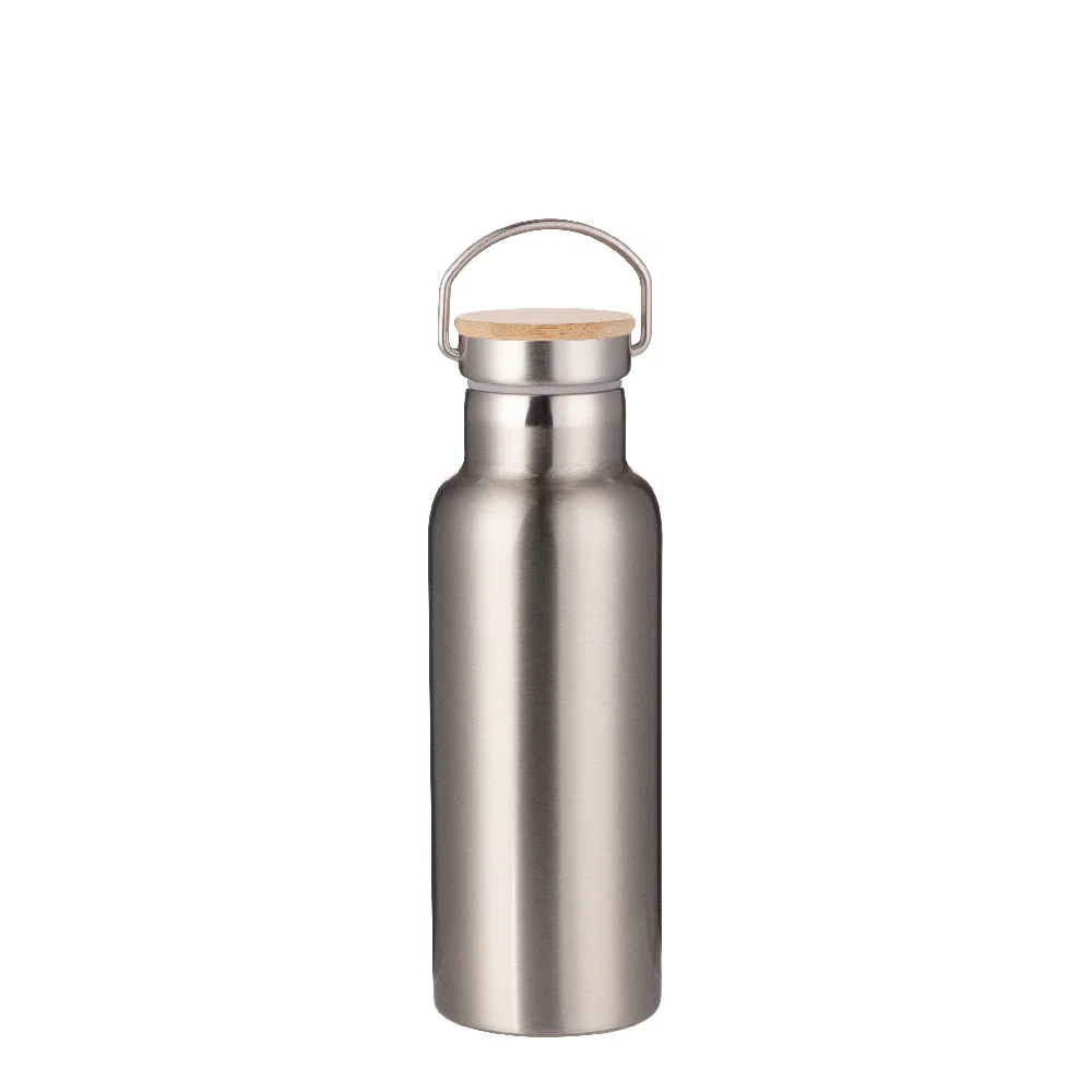 17oz 500ml Insulated Stainless Steel Water Bottle with Bamboo Lid (Silver) thumbnail 1