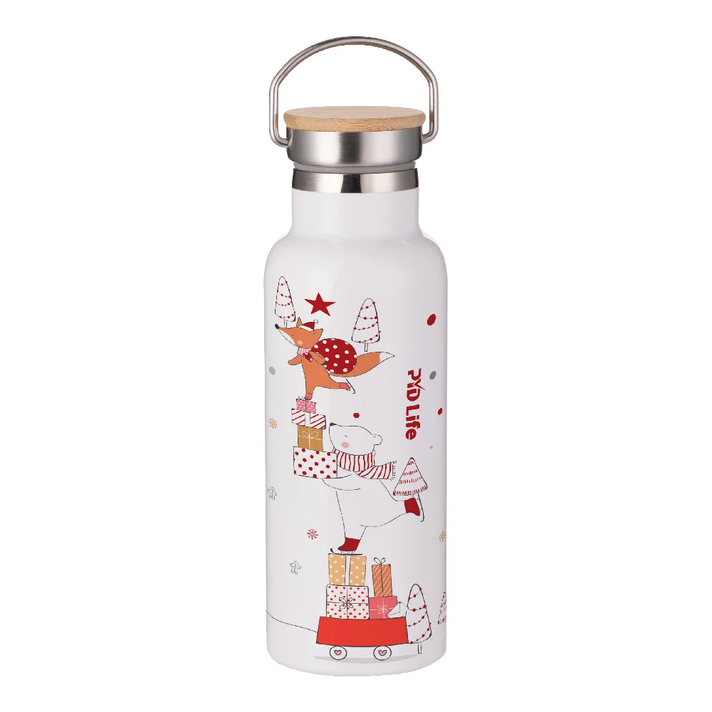 17oz 500ml Insulated Stainless Steel Water Bottle with Bamboo Lid (White) thumbnail 2