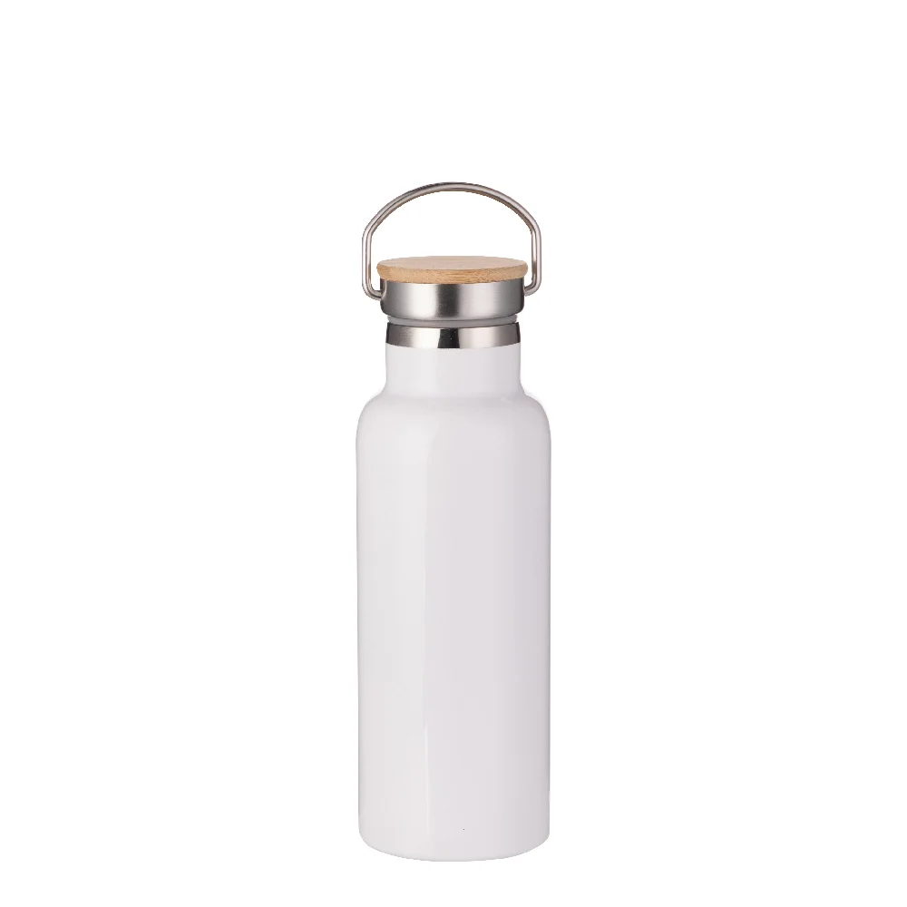 17oz 500ml Insulated Stainless Steel Water Bottle with Bamboo Lid (White) thumbnail 1