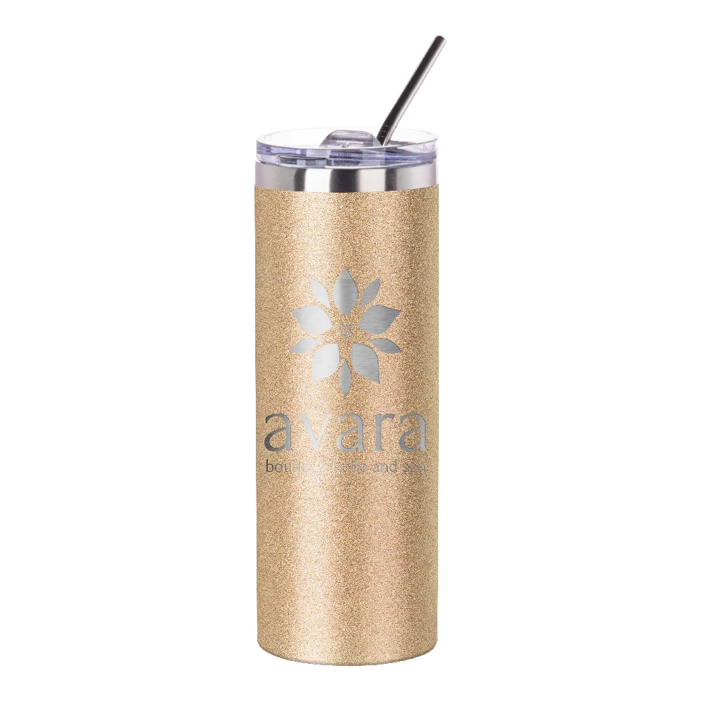 20oz Stainless Steel Glitter Skinny Stainless Steel Tumbler with Straw (Glitter Gold) thumbnail 3
