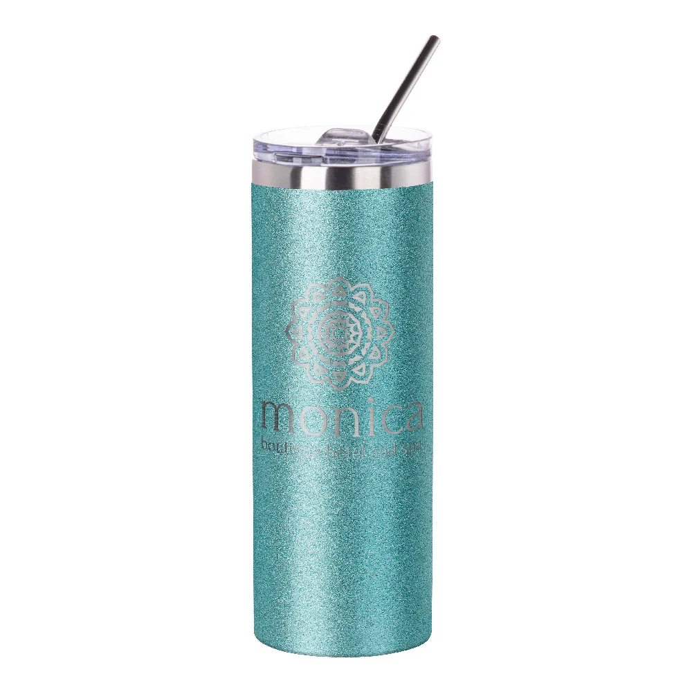 20oz Stainless Steel Skinny Tumbler with Straw (Glitter Light Blue) thumbnail 3