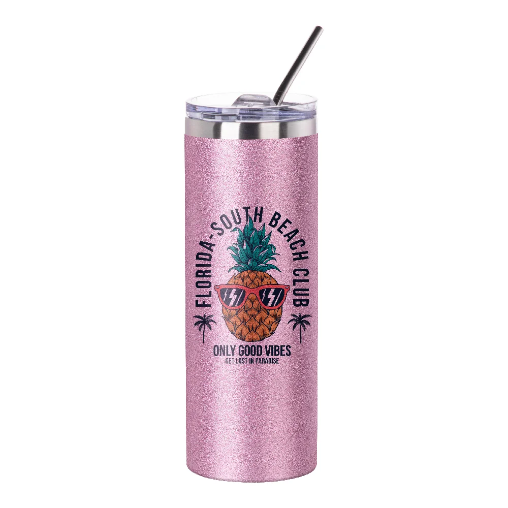20oz Stainless Steel Glitter Skinny Tumbler with Straw (Glitter Pink) thumbnail 2