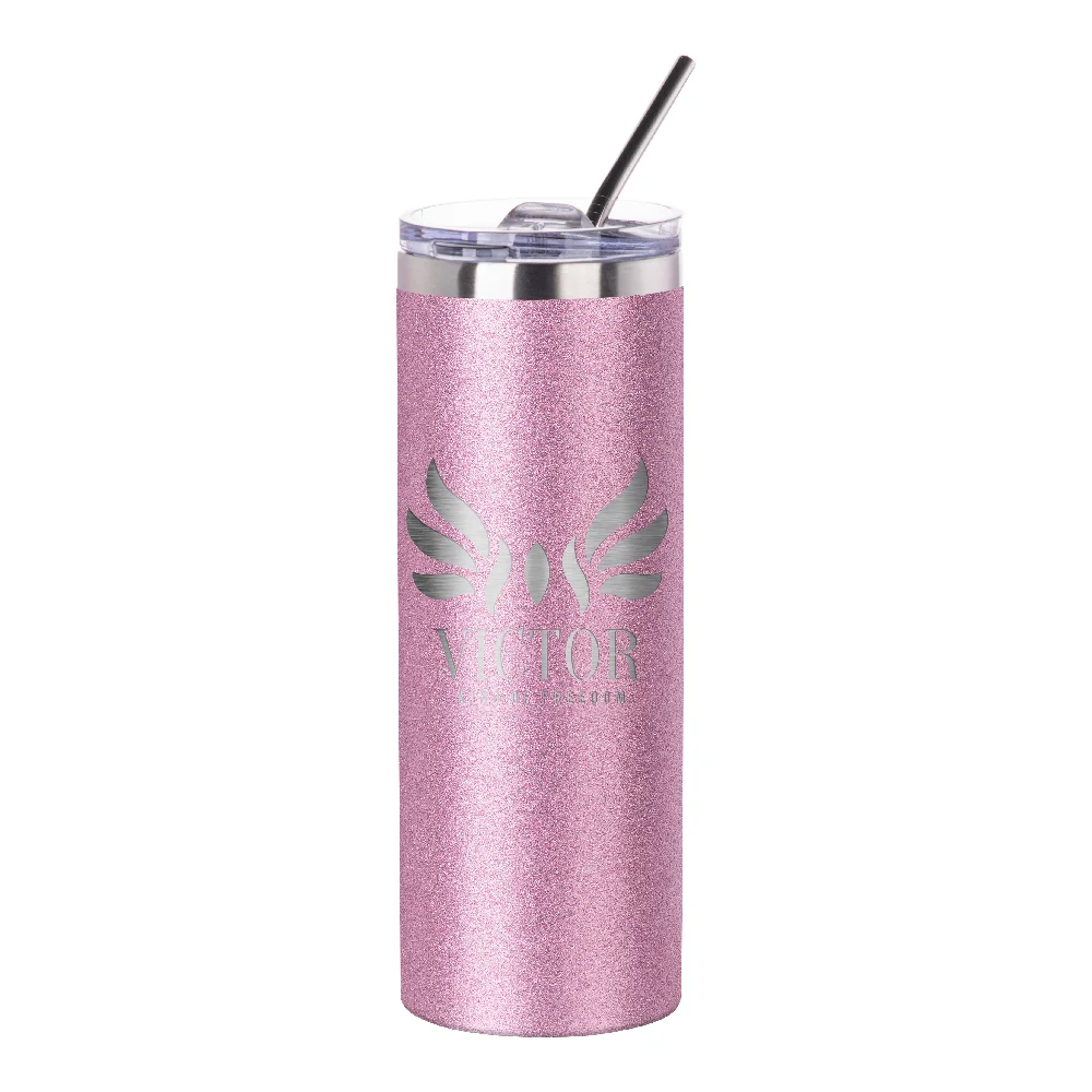 20oz Stainless Steel Glitter Skinny Tumbler with Straw (Glitter Pink) thumbnail 3