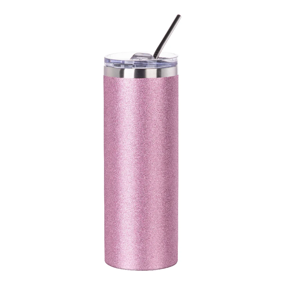 20oz Stainless Steel Glitter Skinny Tumbler with Straw (Glitter Pink) thumbnail 1